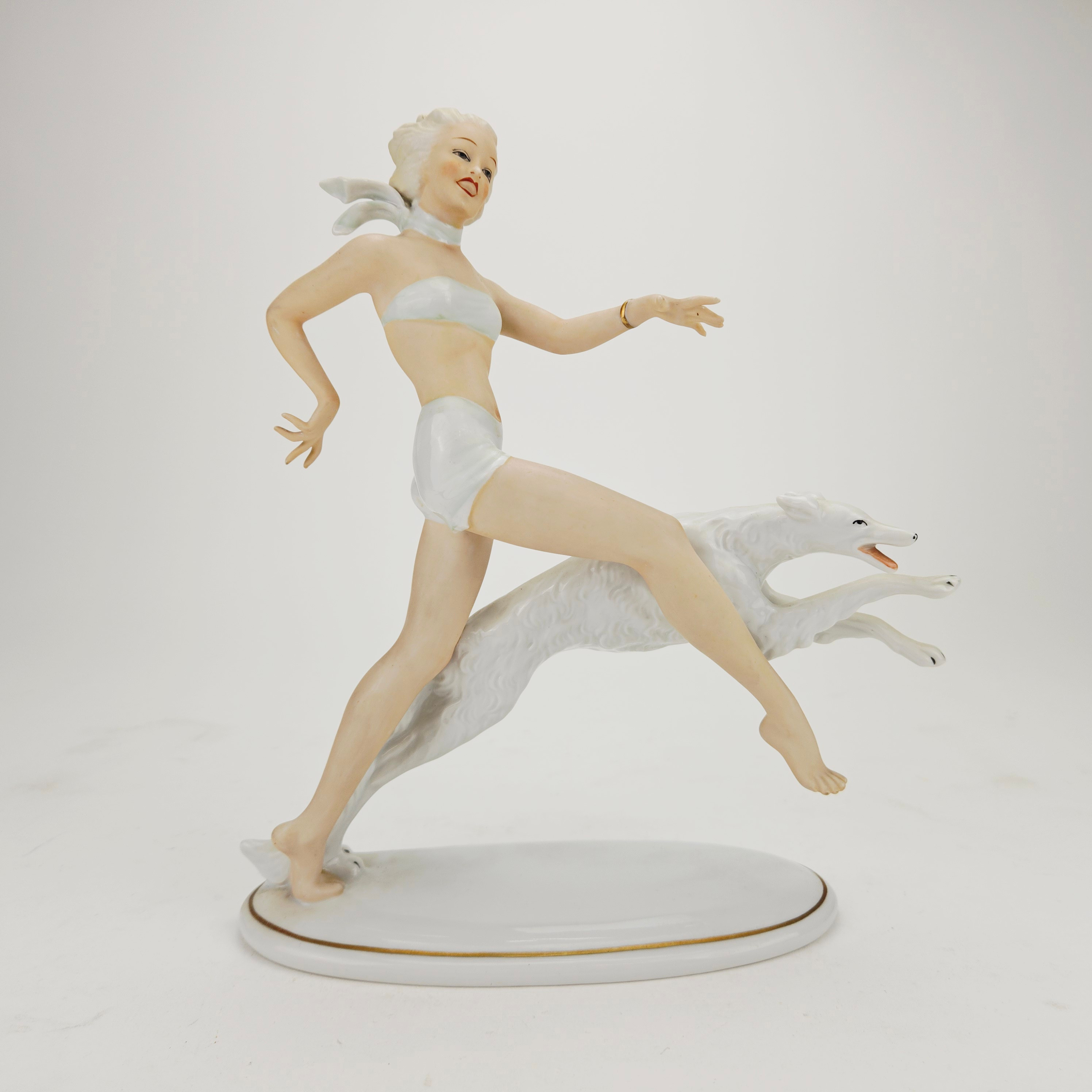 FIGURIN, porslin, kvinna och Borzoi, Schaubach Kunst, Tyskland.
