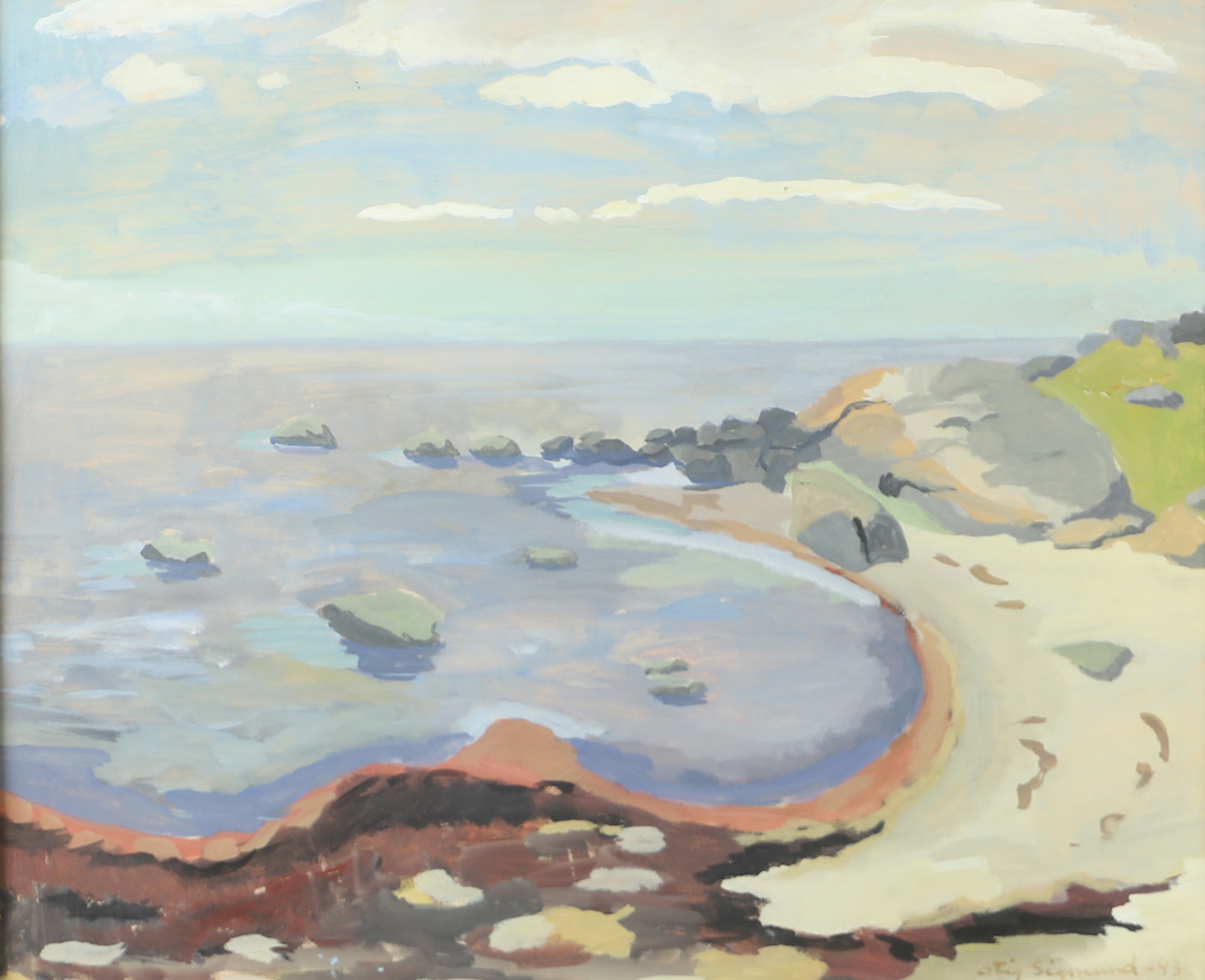 STIG SIGMUND. Strandparti, gouache, signerad -43.