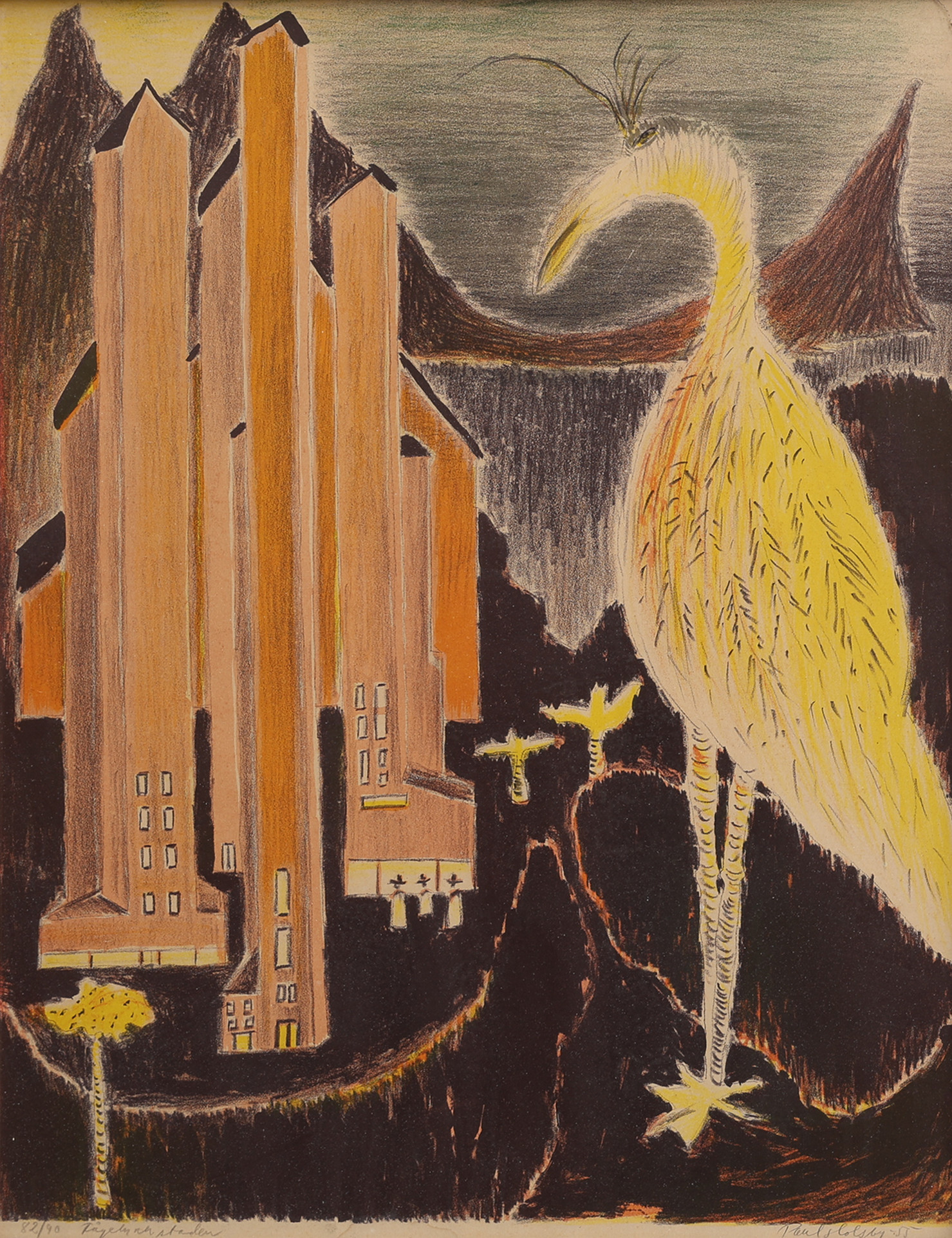PAUL HOLSBY. LITOGRAFI, "FÅGELN OCH STADEN", SIGNERAD, NUMRERAD 82/90 OCH DATERAD 1955.