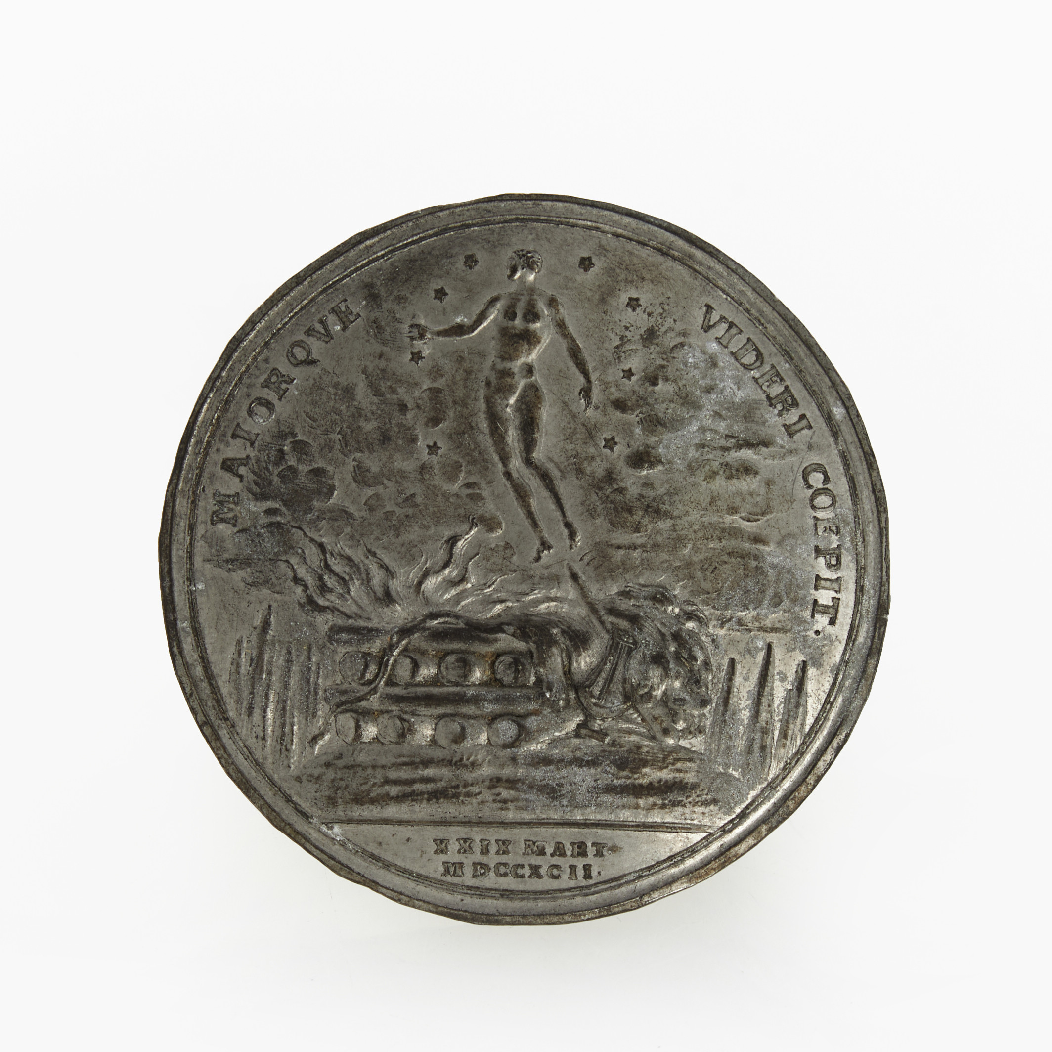 MINNESMEDALJ, Carl Gustaf Fehrman, Gustav III:s död, avslag i tenn av medaljen i 18 storlekens baksida.