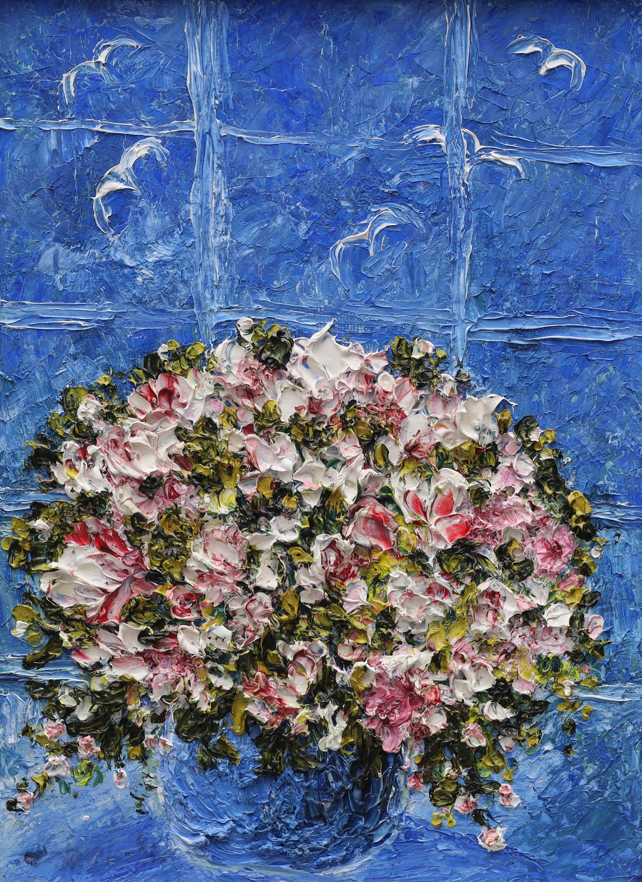 SARAH SANDBERG. olja på duk, "Blommor och blå vas", signerad, daterad -81.