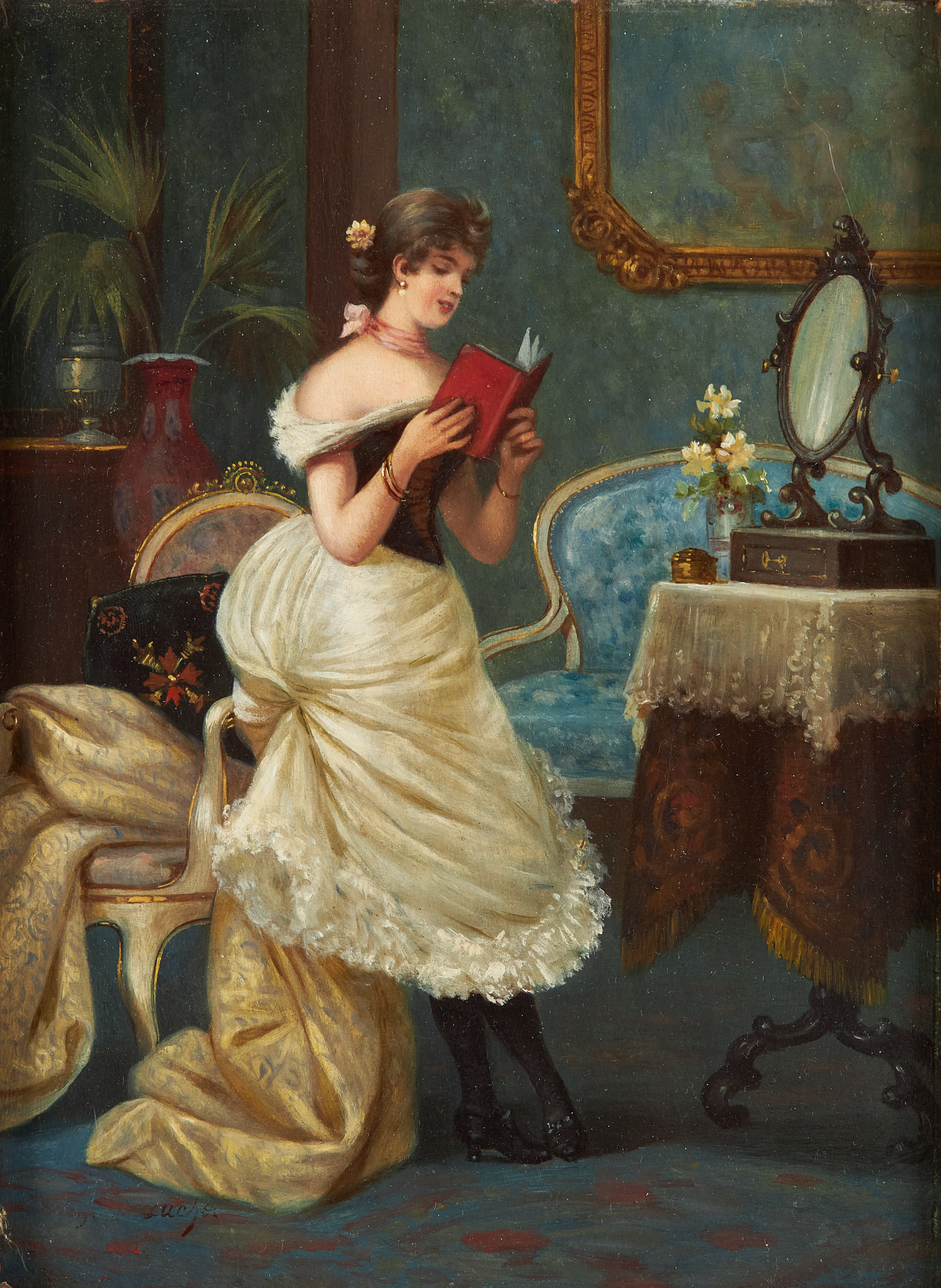 OIDENTIFIERAD KONSTNÄR. Läsande kvinna, olja pannå, signerad, 1800-tal.
