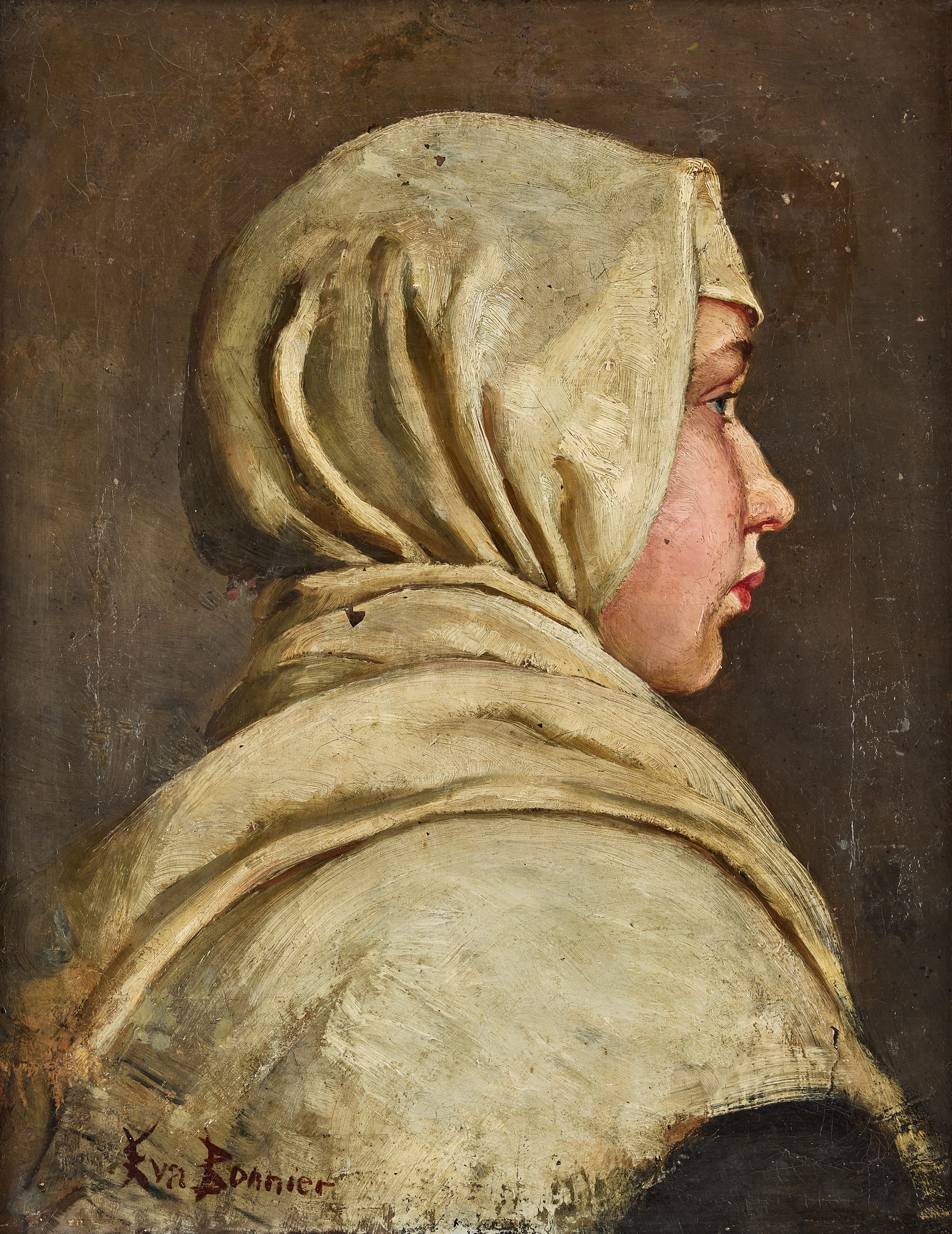 EVA BONNIER. Porträtt av kvinna i sjal.