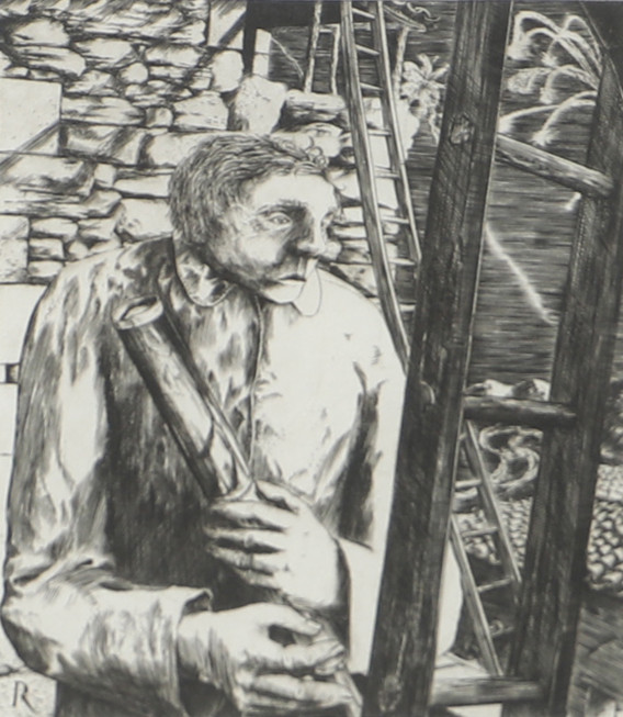 RICHARD ÅRLIN. Man med stegar, etsning, signerad 77.