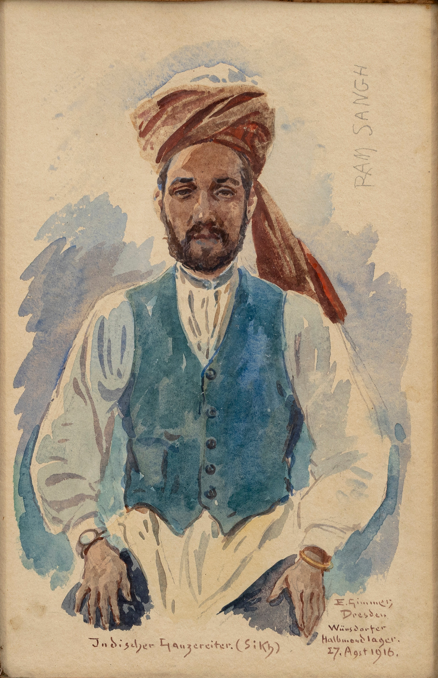 OIDENTIFIERAD KONSTNÄR. "Indischer Gauzerreiter", akvarell på papper, signerad E. Gimmer, daterad Dresden 17de Augusti, 1916.