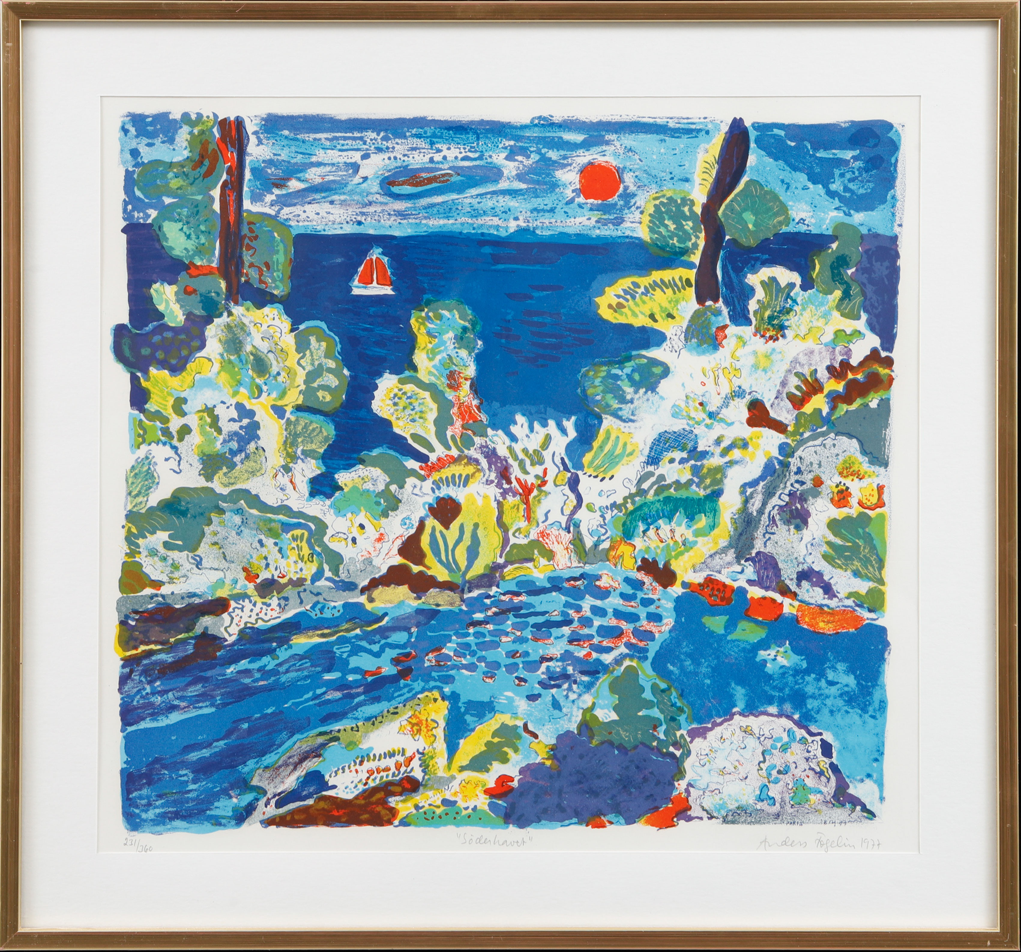 ANDERS FOGELIN. "Söderhavet", färglitografi, signerad och numrerad 231/360.