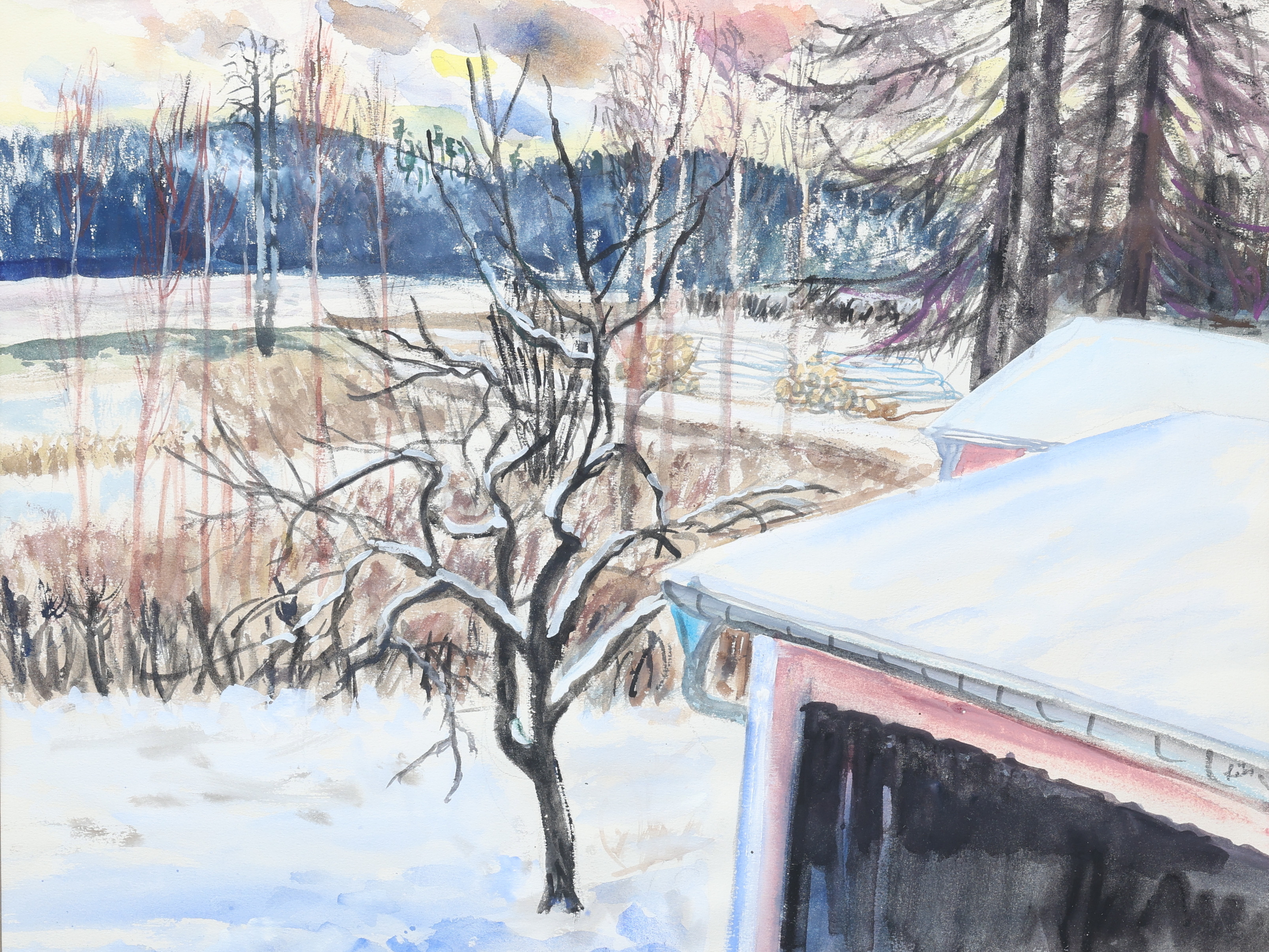 EVY LÅÅS. Snölandskap, akvarell, signerad i motiv.