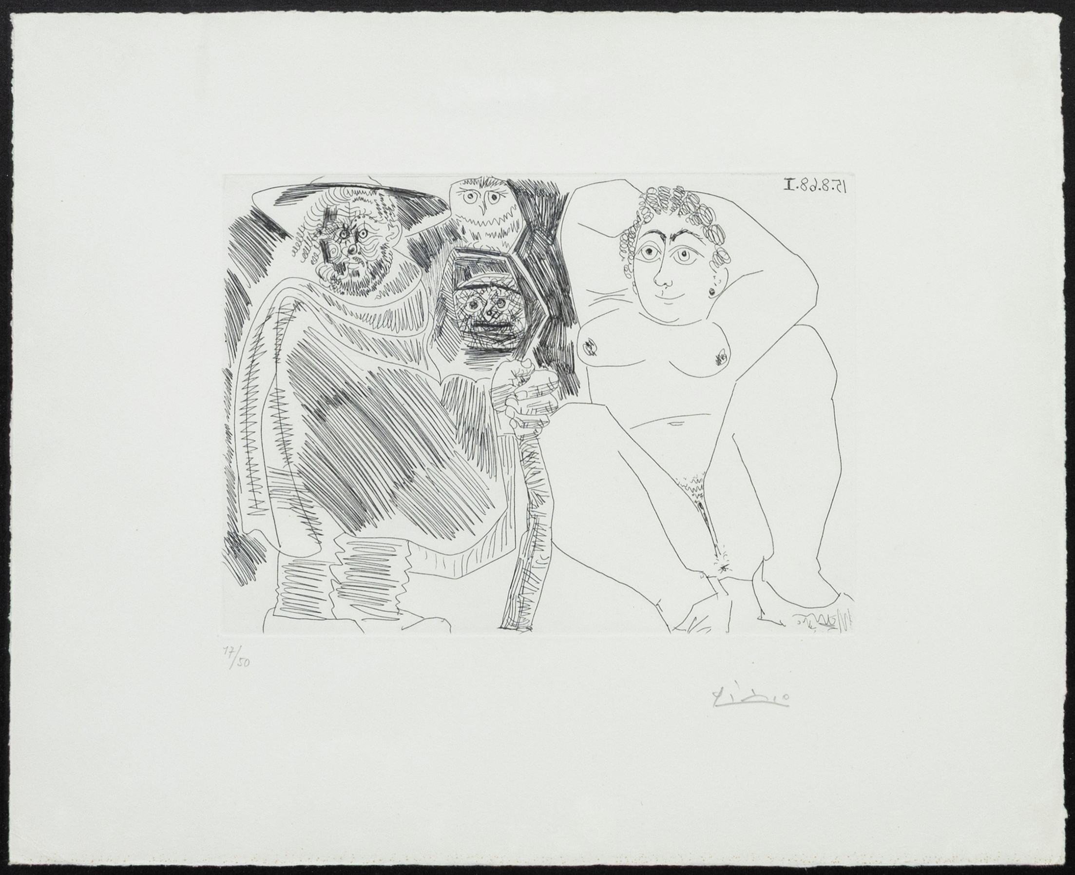 PABLO PICASSO. "Grosse Prostituée, Sorcière à la Chouette et Voyageur en Sabots", ur "Series 347", etsning, signerad med blyerts, numrerad och daterad, Picasso, 17/50, 1968.