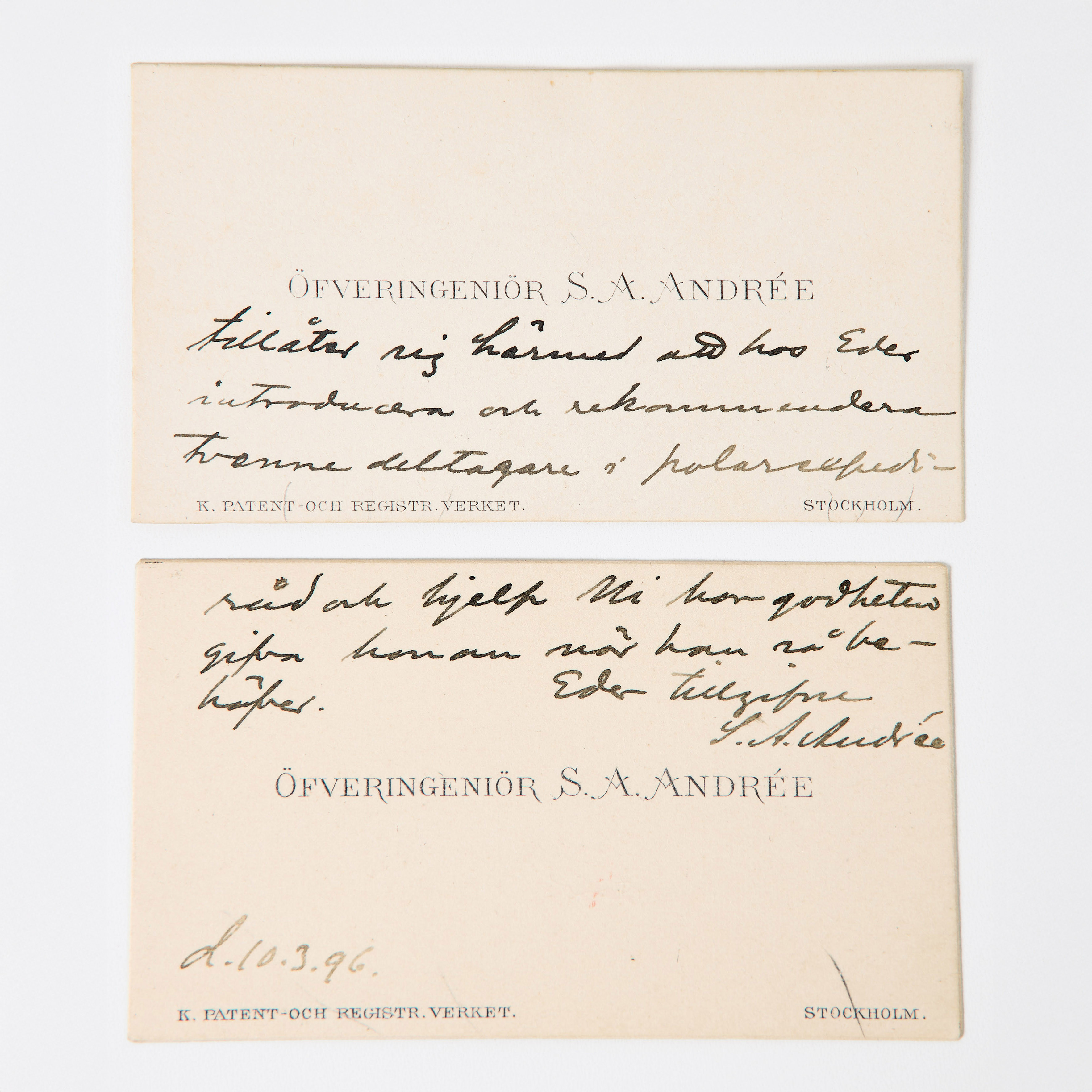 S. A. ANDRÉE, 2 SIGNERADE VISITKORT, TILL HERMAN WRANGEL, 1896-97.