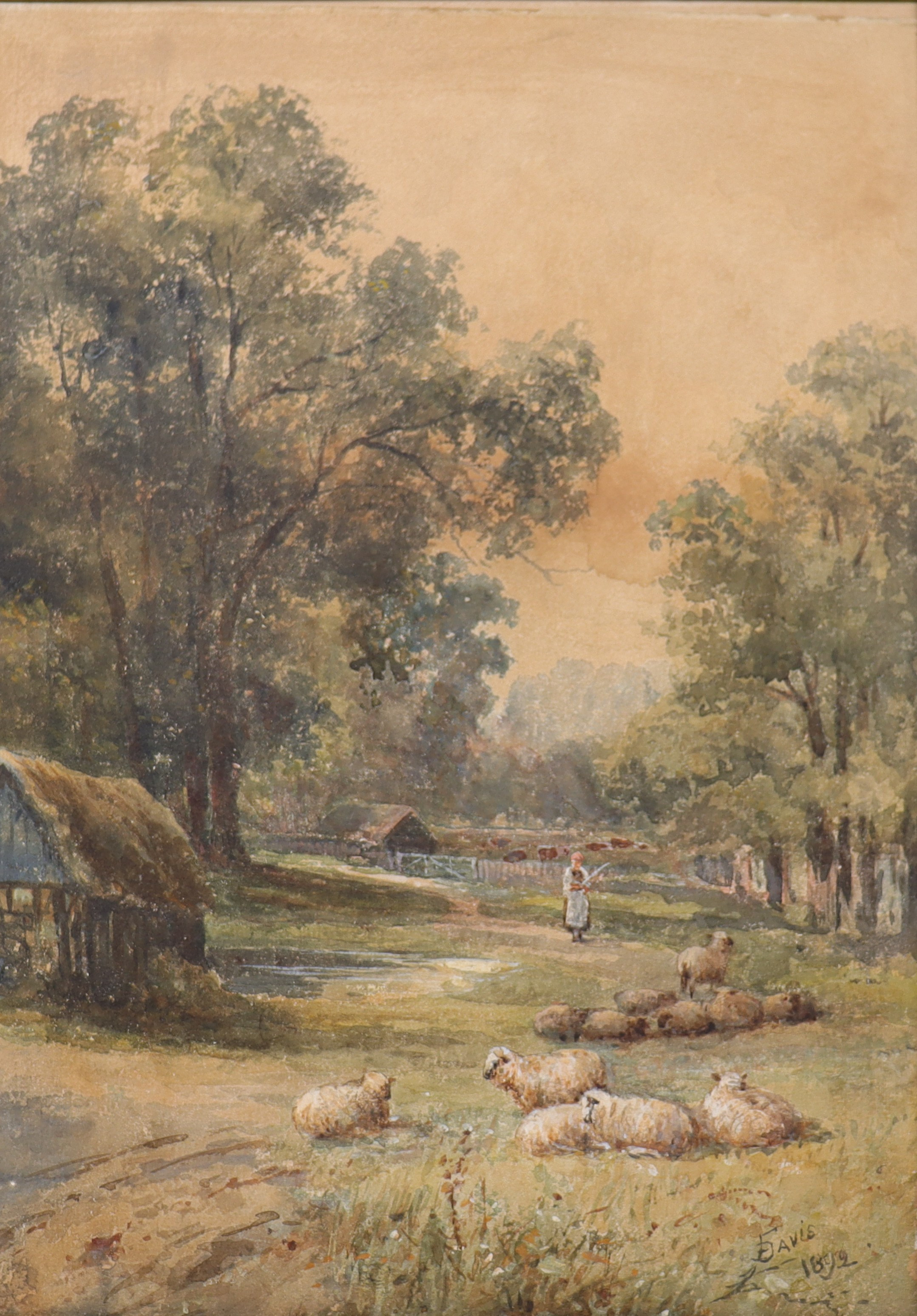 FREDERICK DAVIS (1853-1892). akvarell, landskapsbild med får.