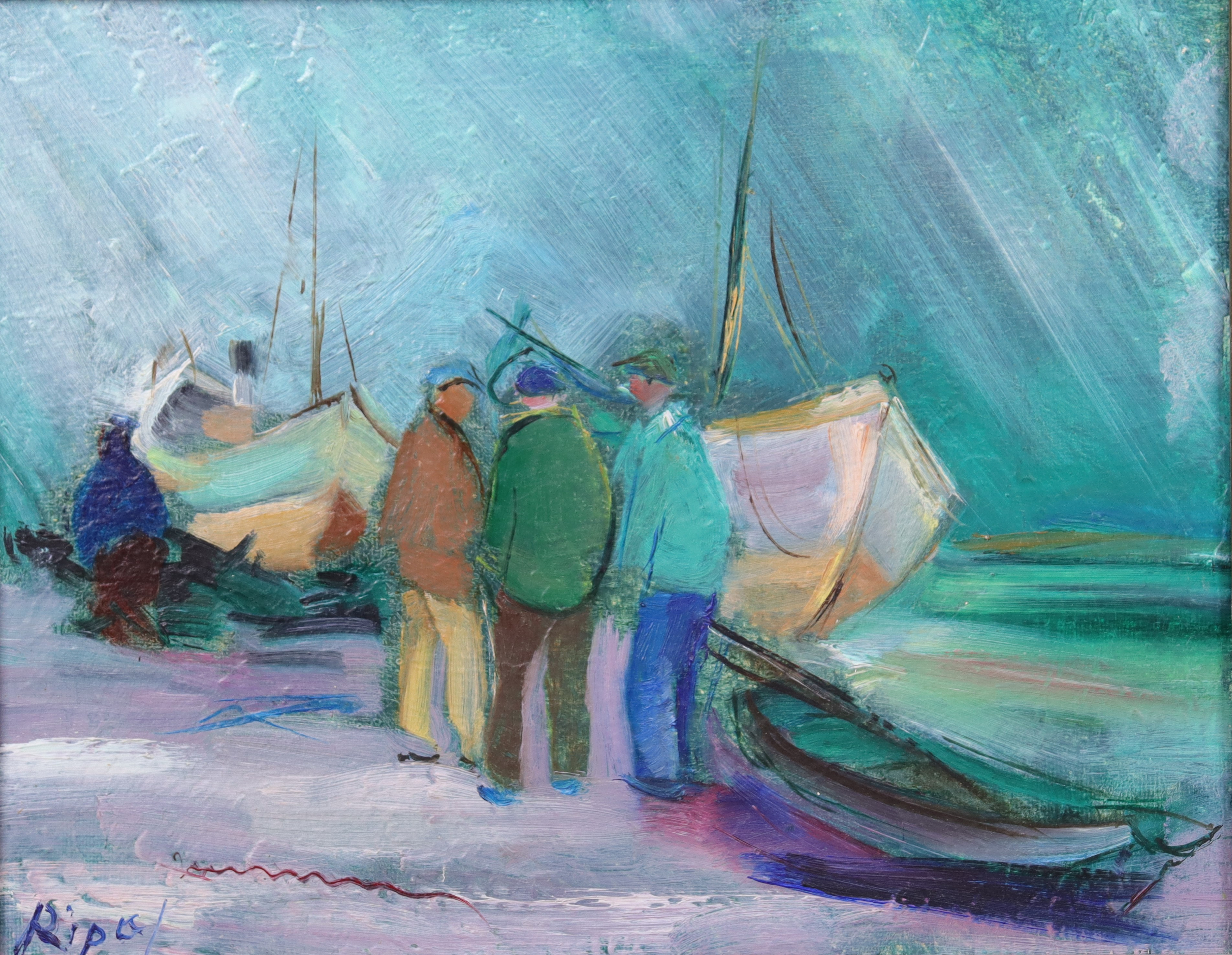 HANS RIPA. olja på duk, gubbar vid fiskebåtar.