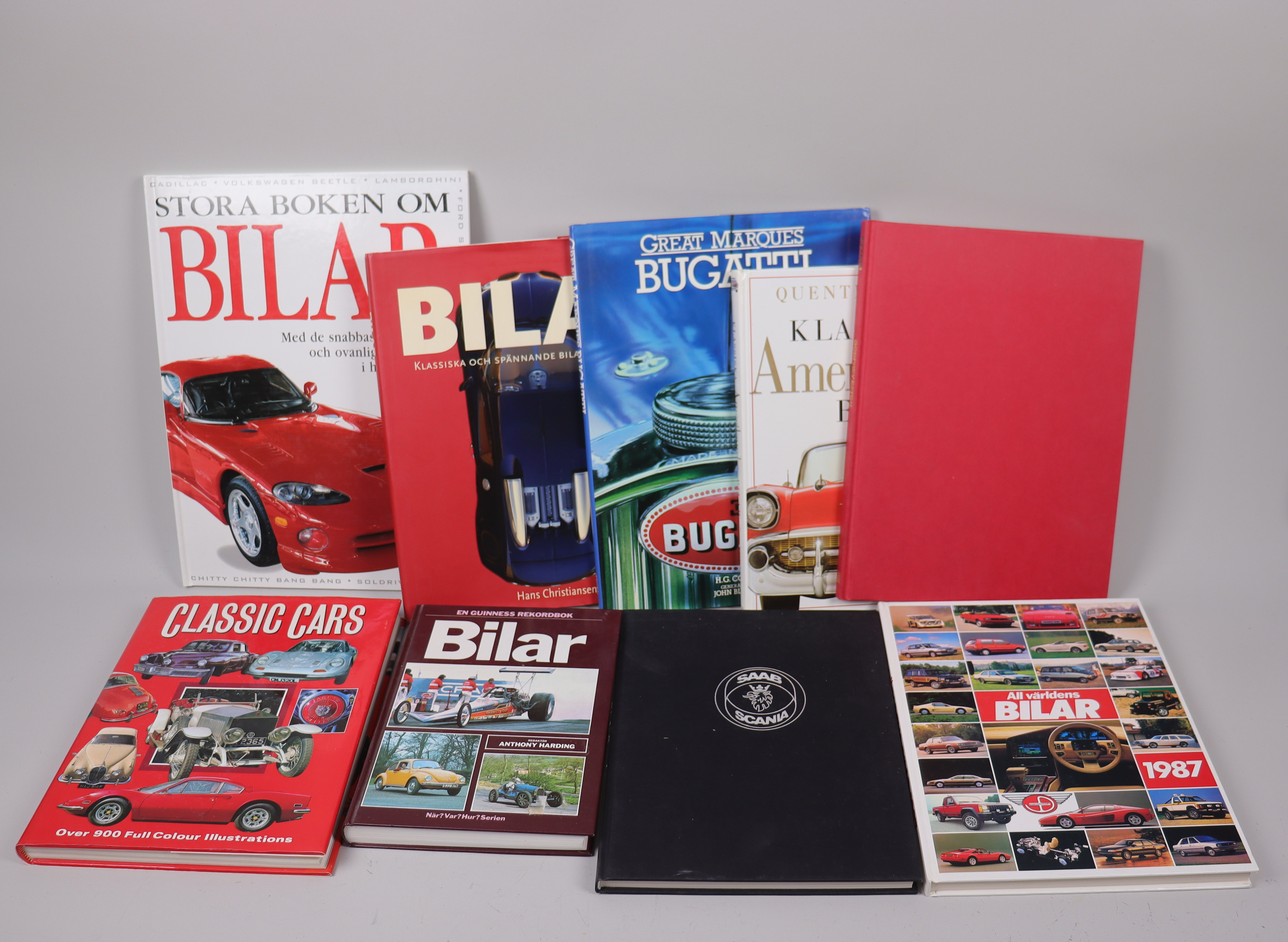 BÖCKER, om bilar, Bugatti, Saab, Ferrari mm, 9 st.
