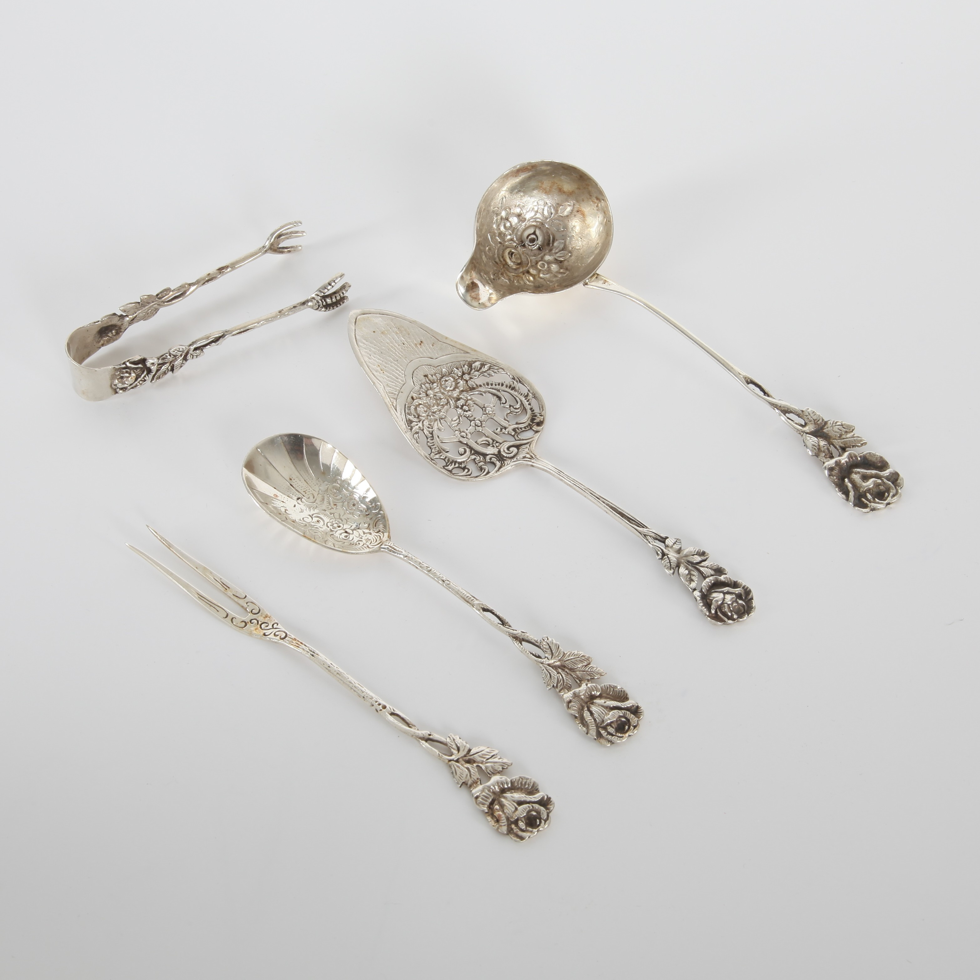 SERVISDELAR, 4 delar, silver, "Rosen", 1900-tal.
