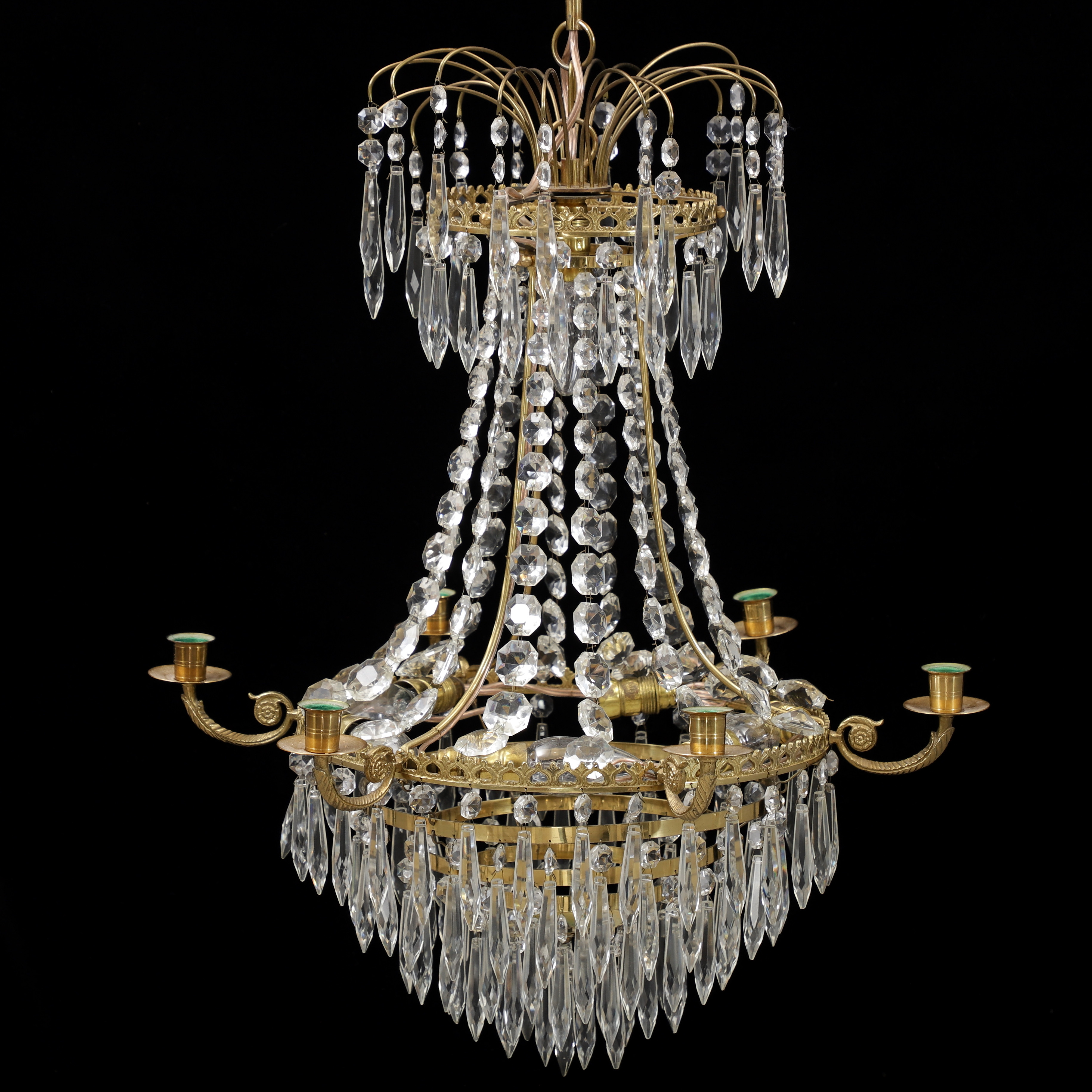 LJUSKRONA, empirestil, mässing/prismor, 1900-talets mitt.