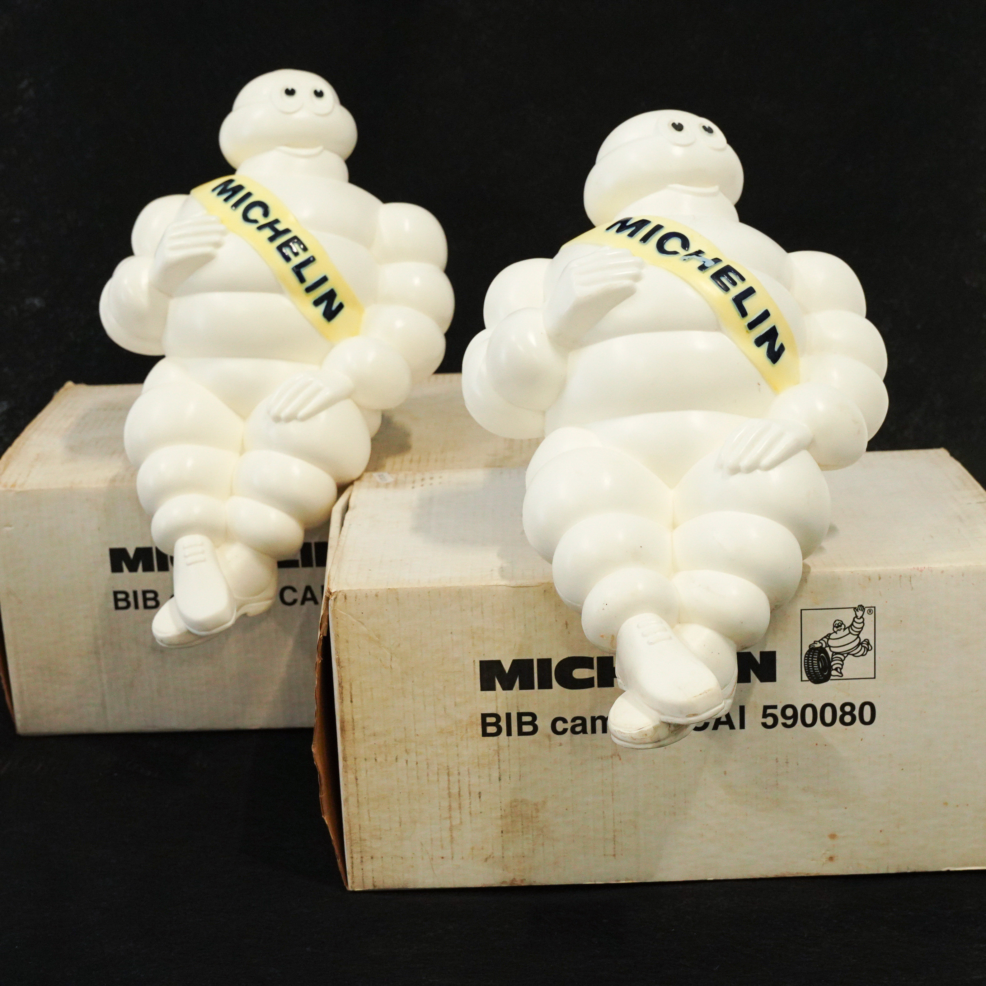 MICHELIN, "Bibendum", 2 st, i originalkartonger, reklamobjekt i form av sittande gubbe, 1900-talets slut.