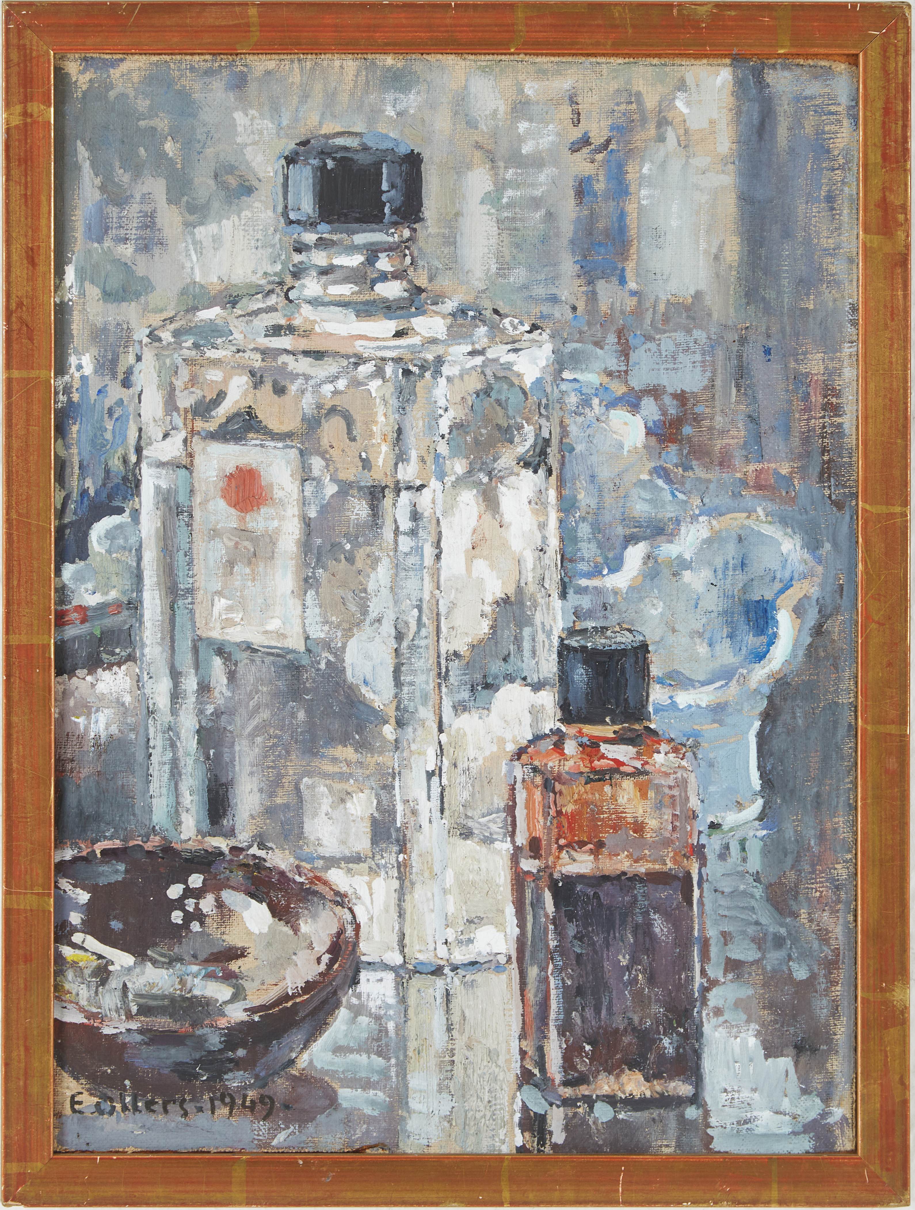 EDVIN OLLERS. Stilleben med flaskor, olja eller gouache på duk fäst mot pannå, signerad.
