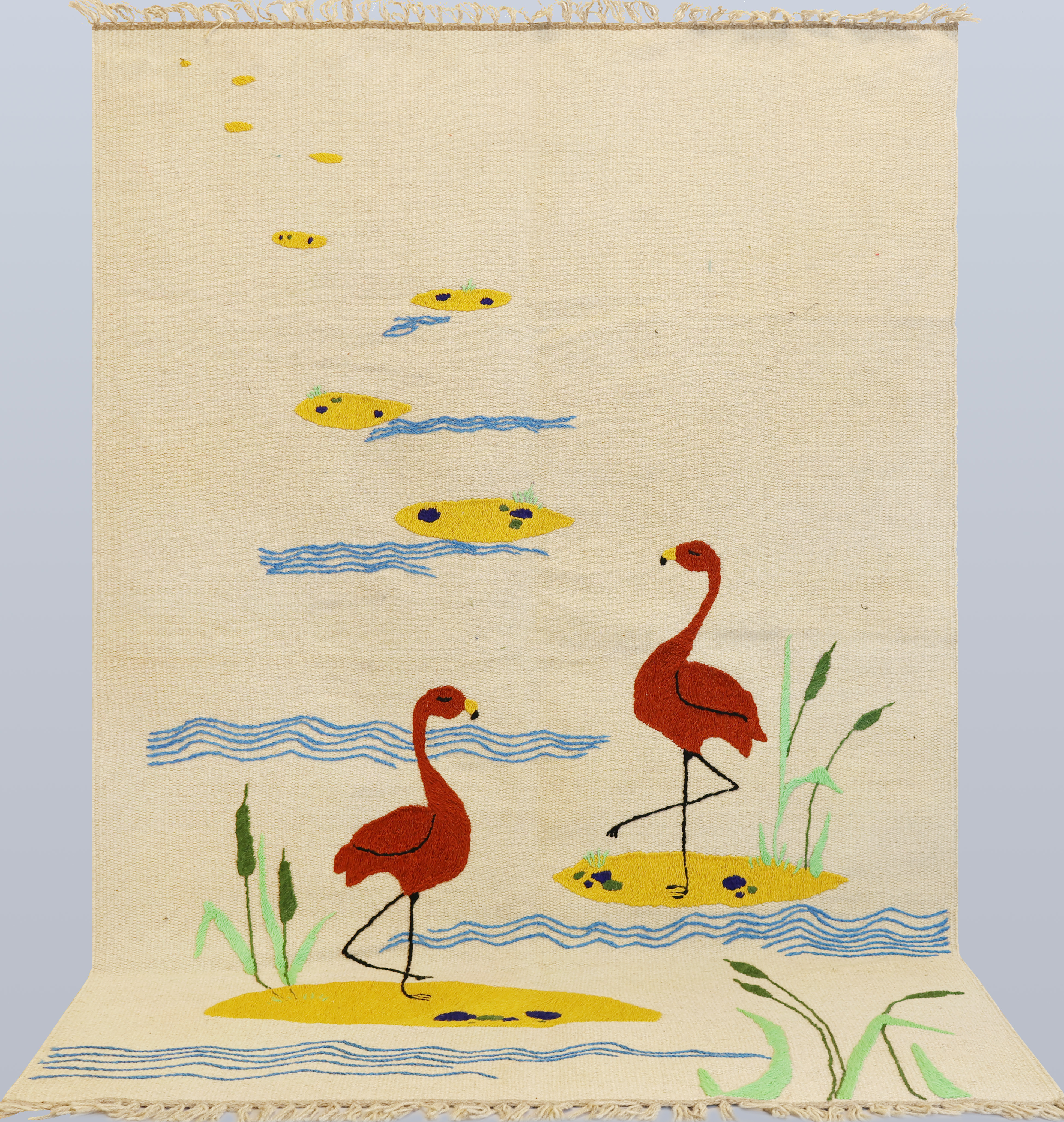 ORIENTMATTA, handvävd, kelim, handbroderi, motiv med flamingofåglar, ca 186x112 cm.