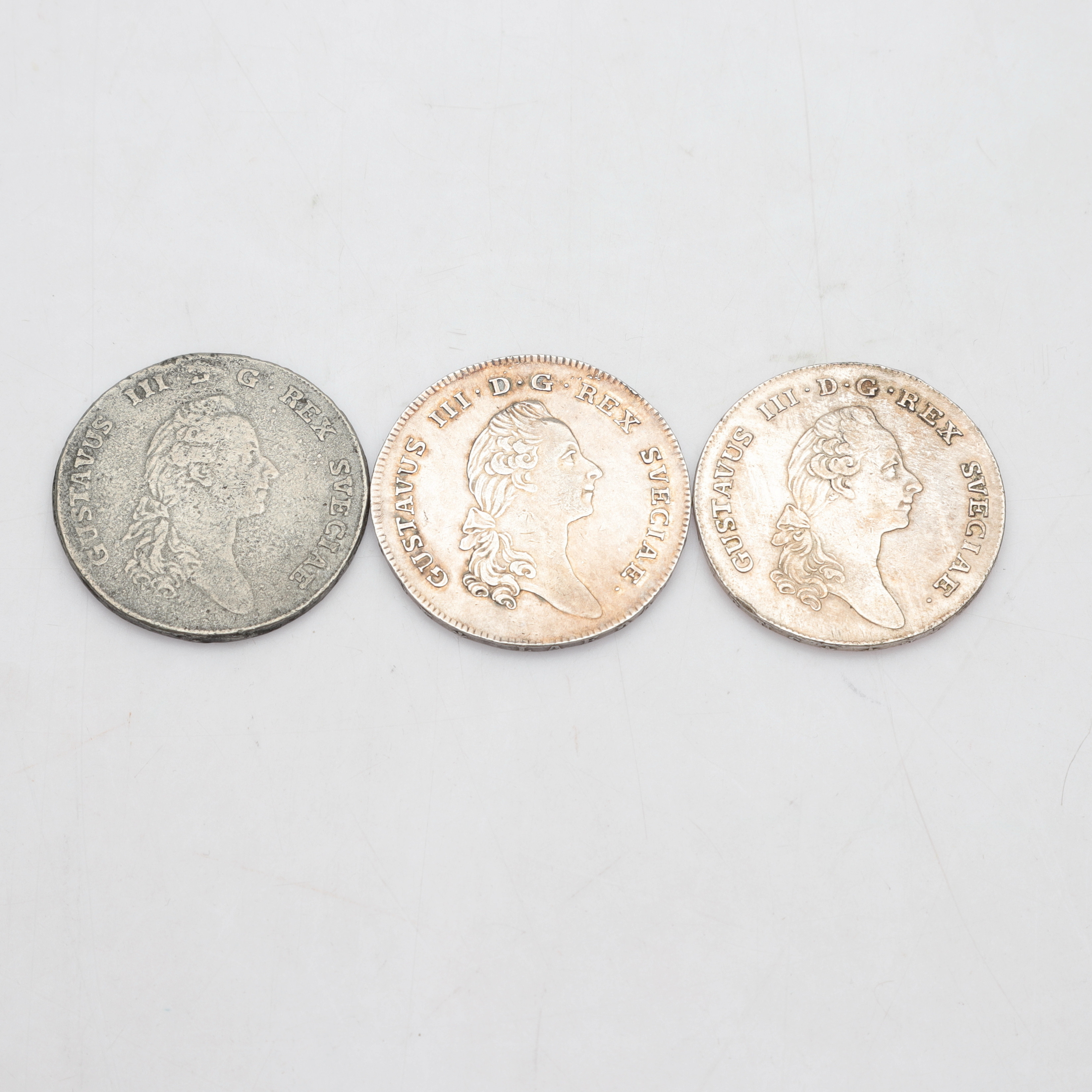 MYNT, silver, 3 st, "1 Riksdaler, Gustavus III, Sverige", 1775, 1782, 1790.