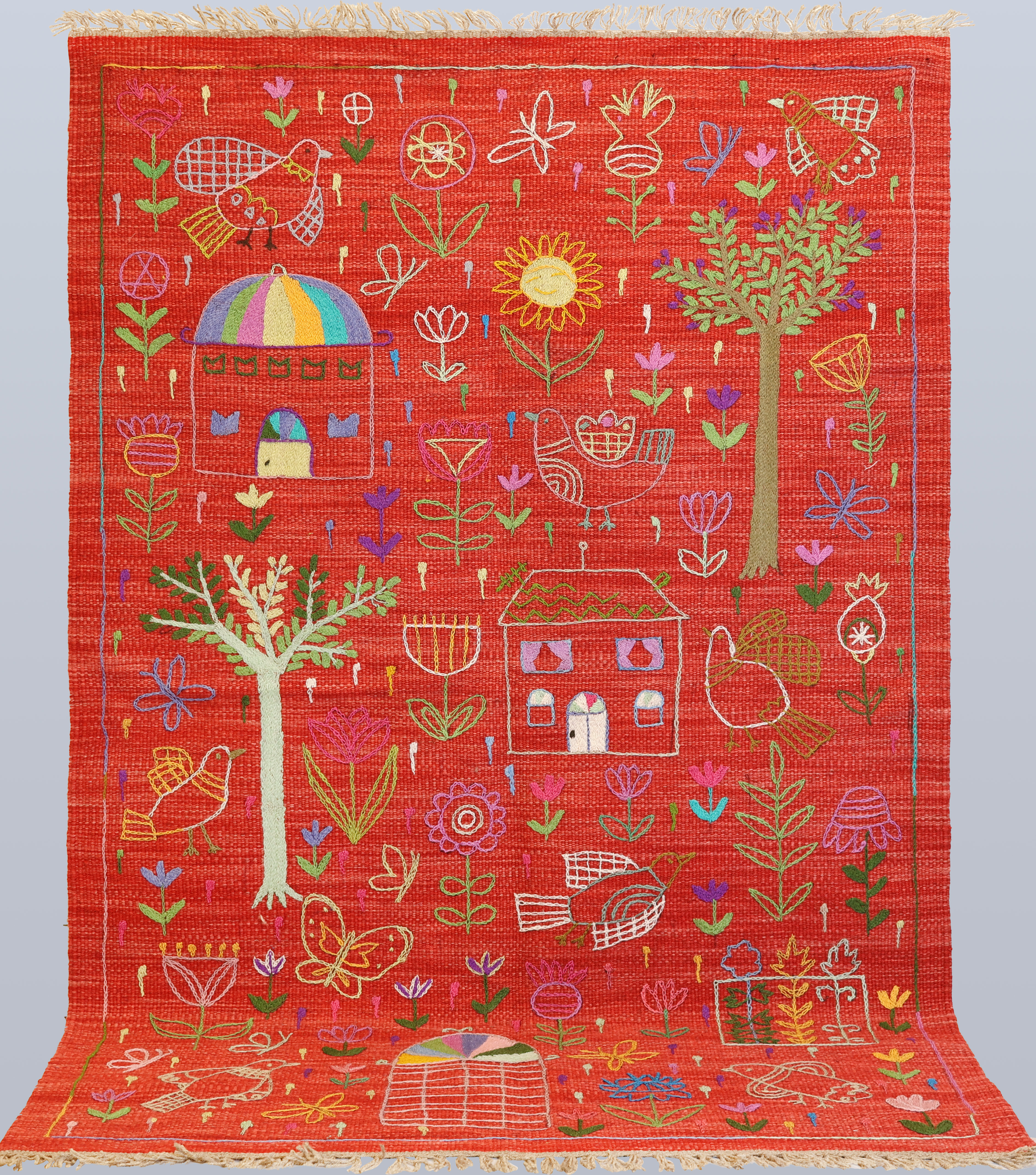 ORIENTMATTA, handvävd, kelim, handbroderi, motiv med hus, träd och fåglar på röd botten, ull på ullvarp, ca 180x110 cm.