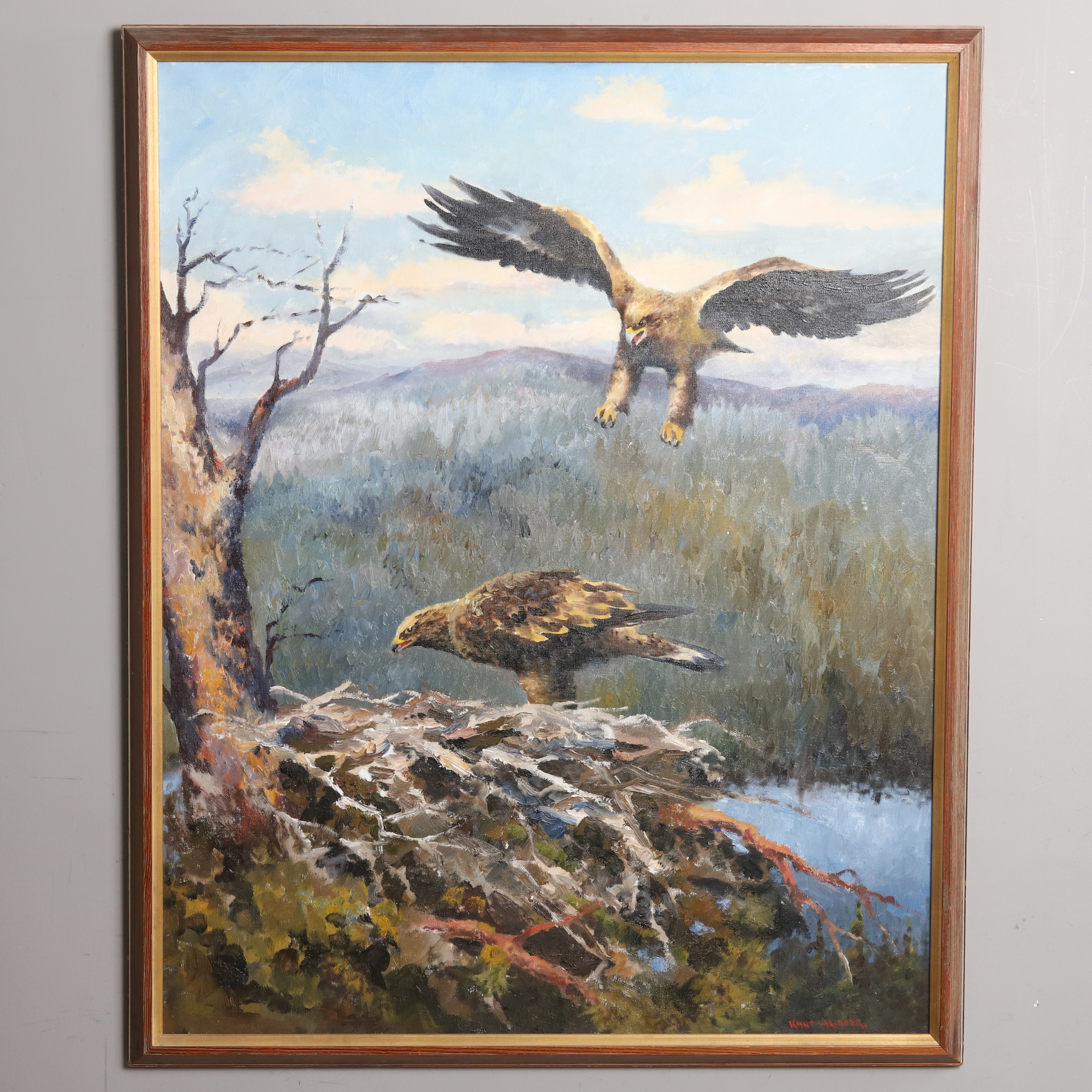 KNUT VALINDER. Olja på duk, "Par i örnnäste", signerad.