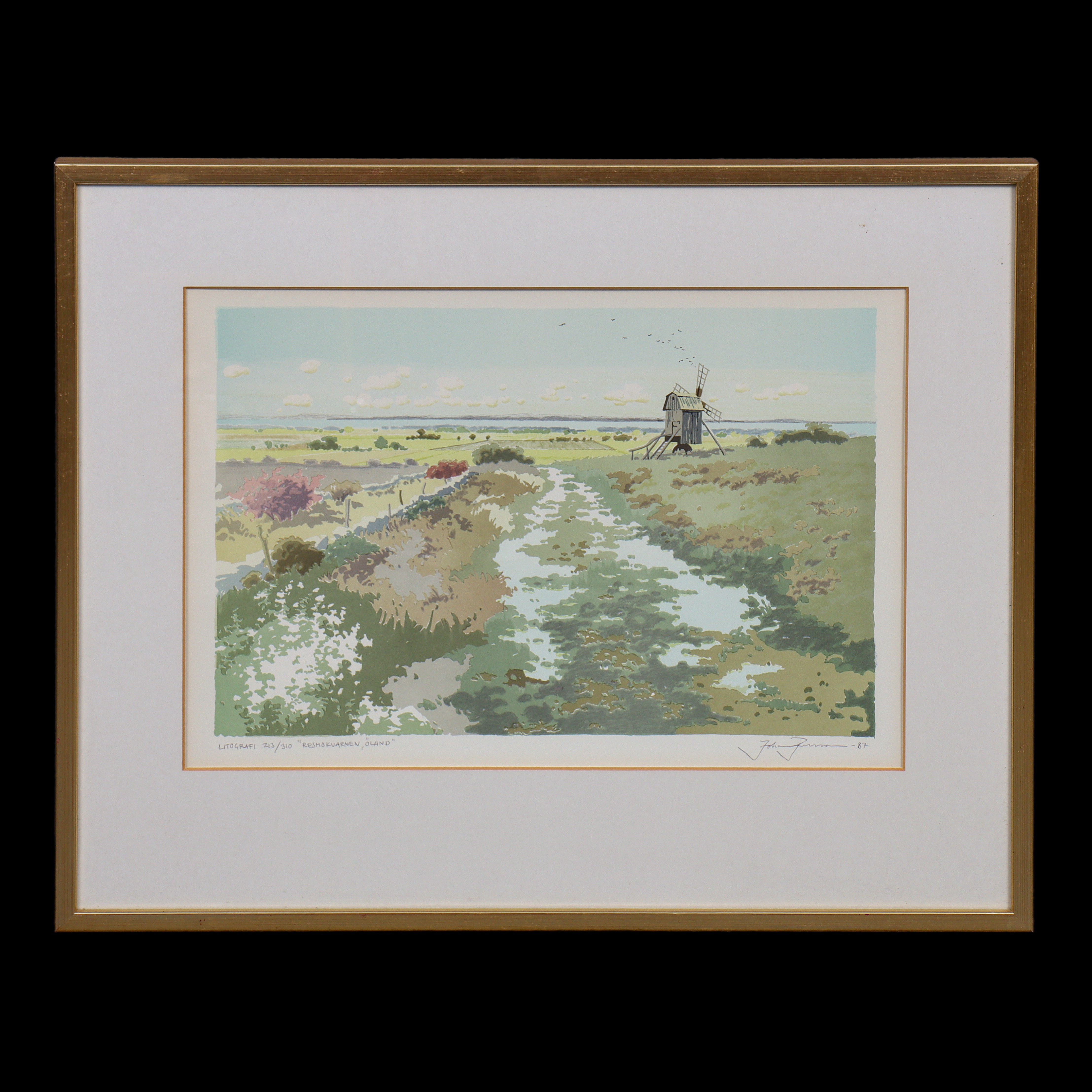 JOHAN PERSSON "RESMOKVARNEN, ÖLAND" LITOGRAFI 213/310, SIGNERAD, INGLASAD.