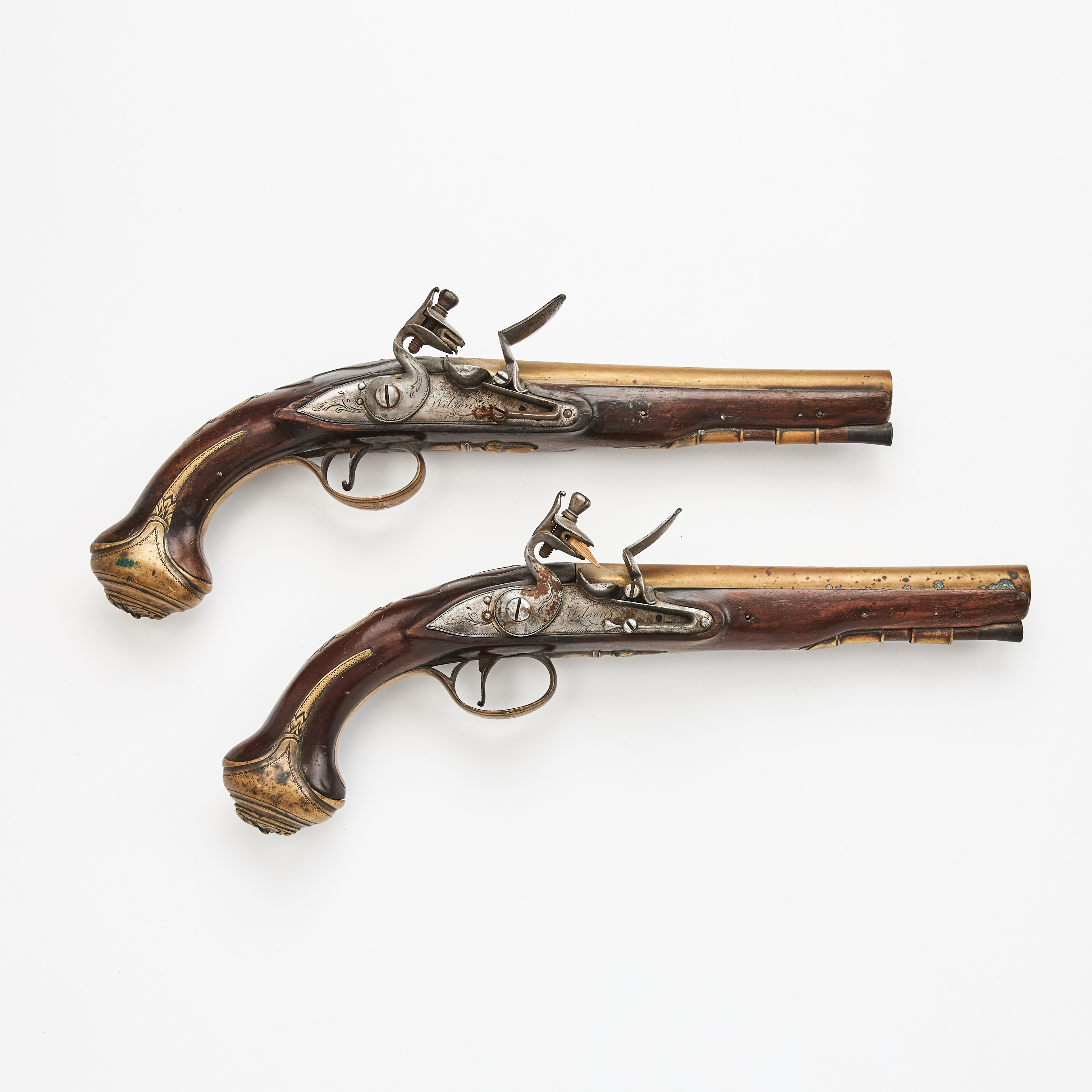 FLINTLÅSPISTOLER, ett par, signerade Wilson, Minories London.