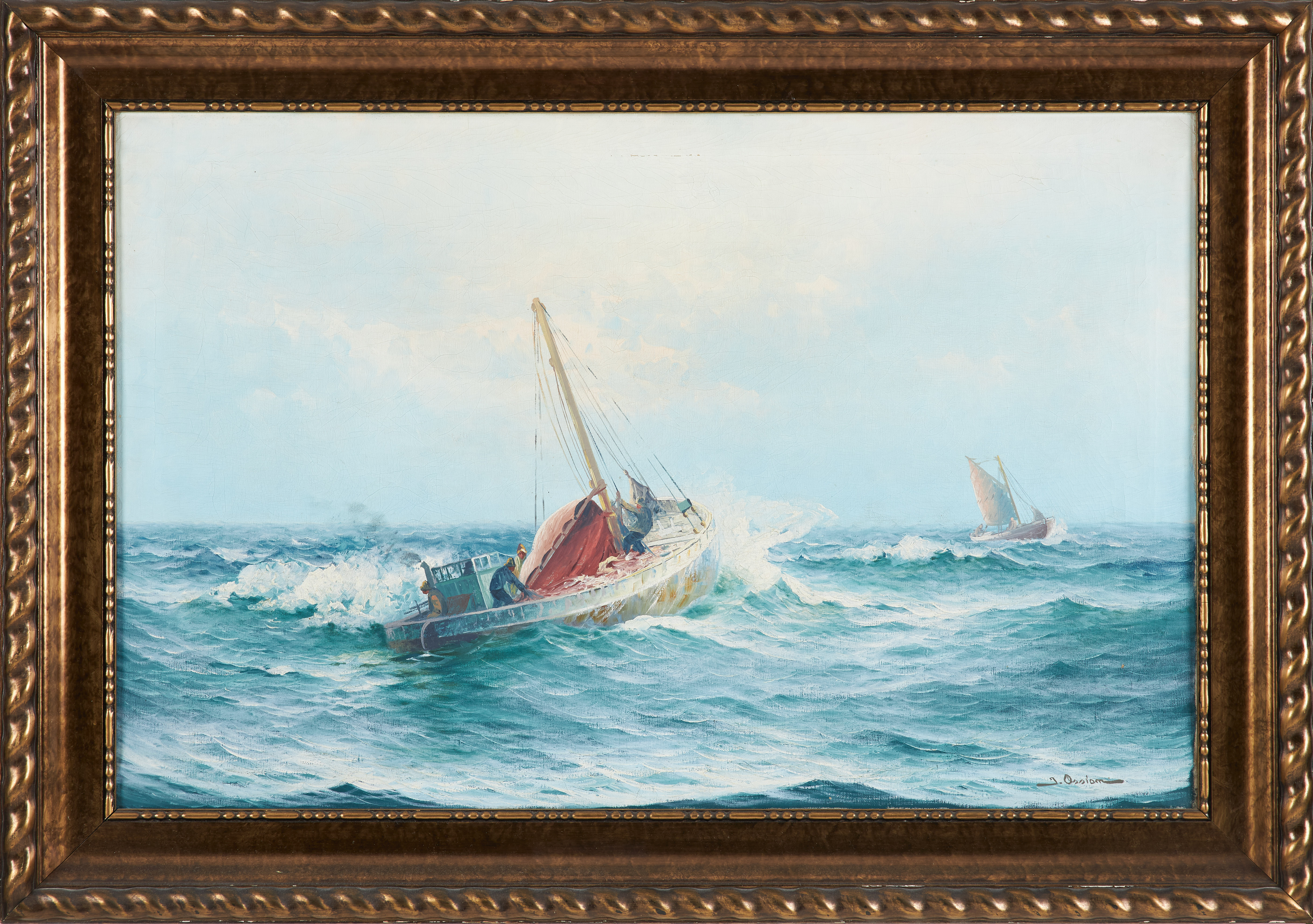 JOHAN OSSIAN-ANDERSSON. Fiskeskutor, olja på duk, signerad.