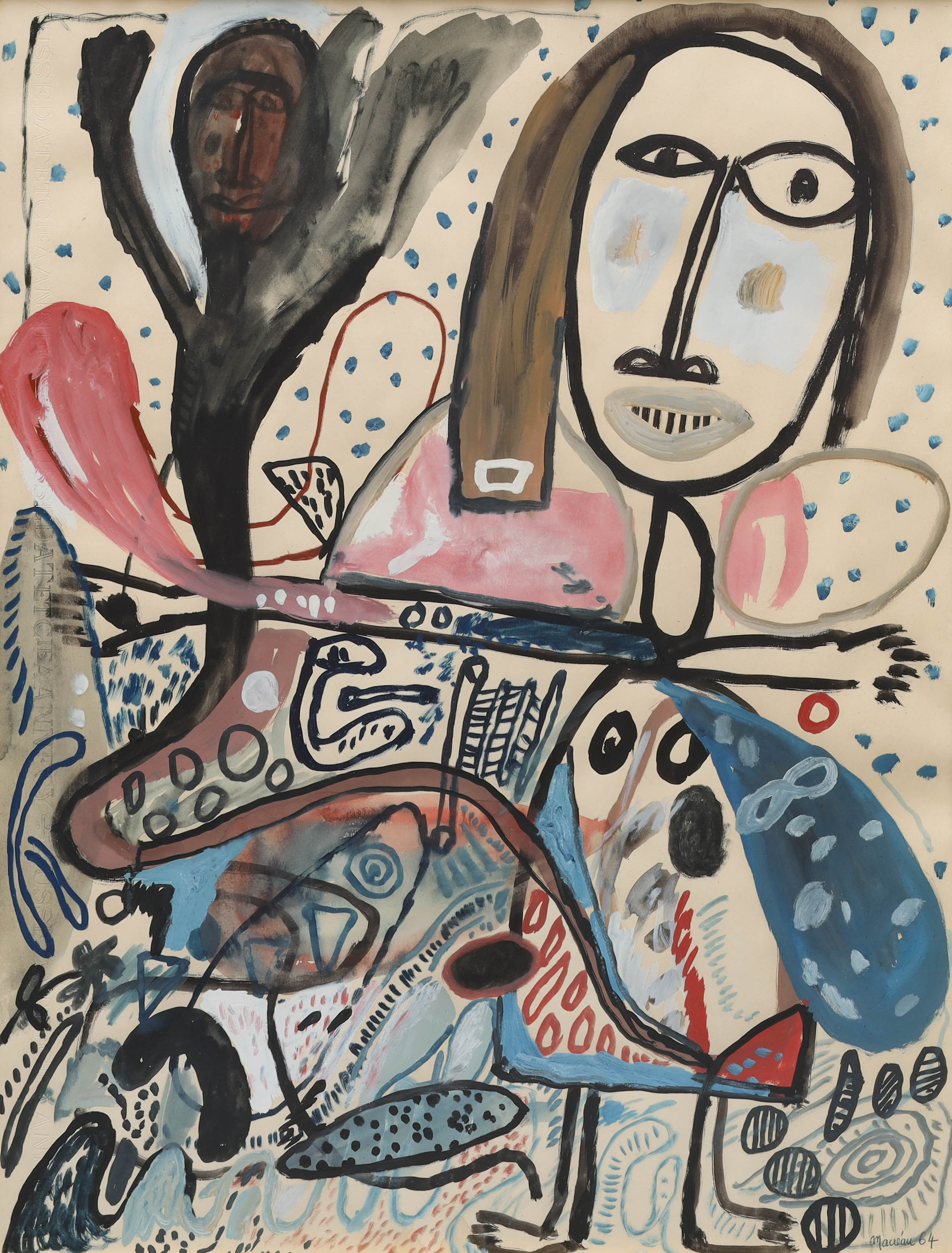 MICHEL MACRÉAU (1935-1995). gouache på papper, komposition, signerad Macréau, daterad 64.