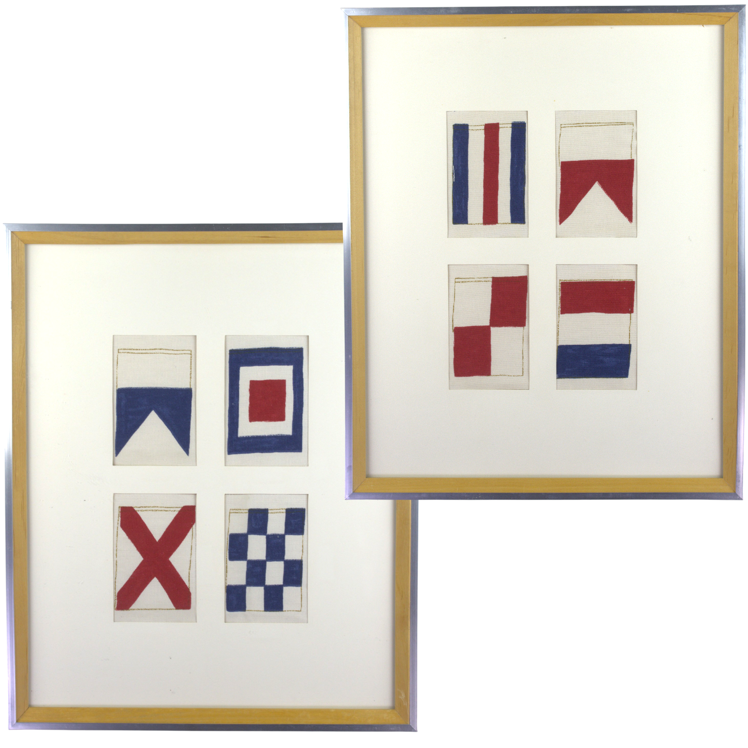 TAVLOR, 2 st. inramade handmålade signalflaggor, 4 i varje, nutida.