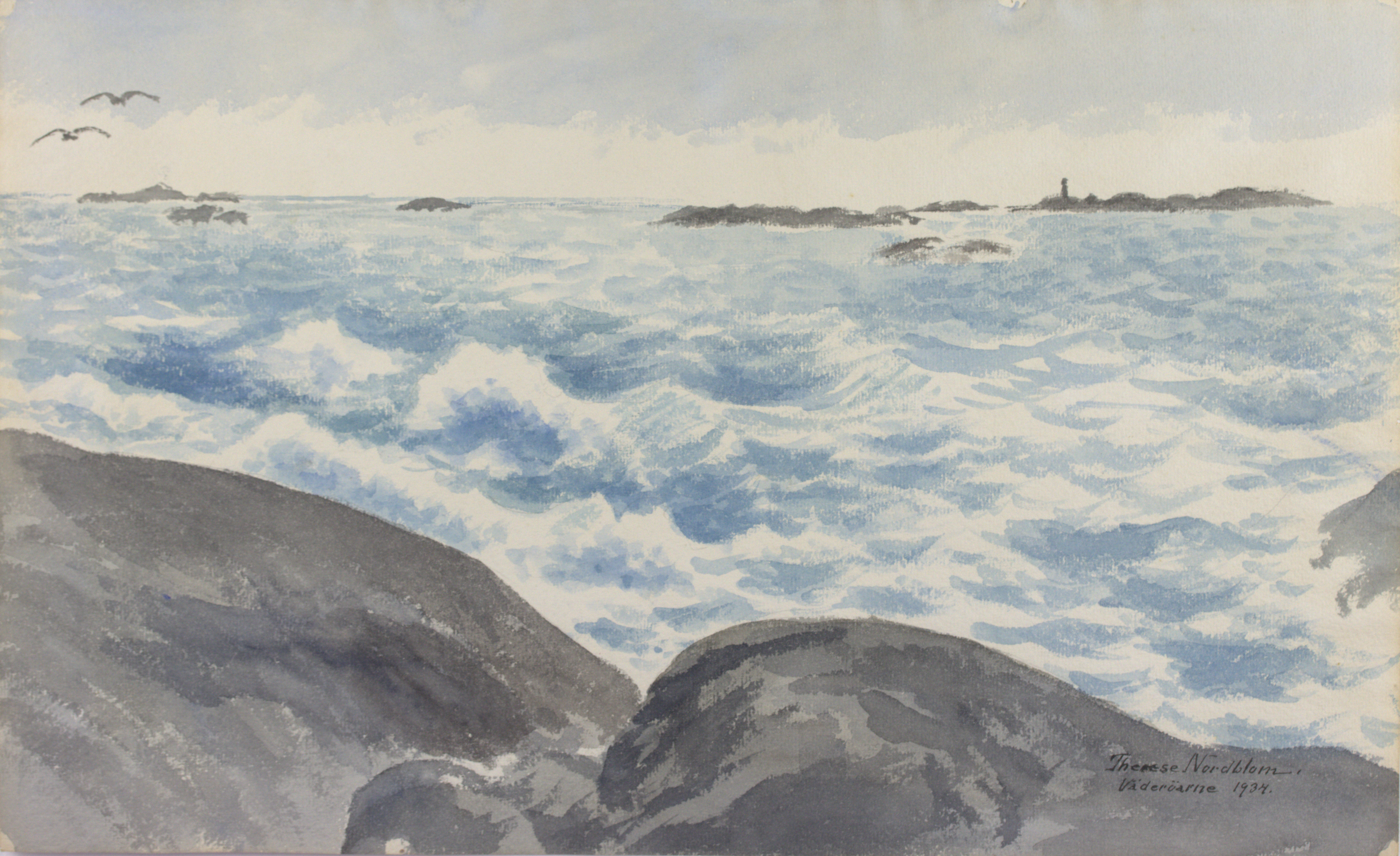 THERESE NORDBLOM. Akvarell, "Väderöarna", signerad, 1934.