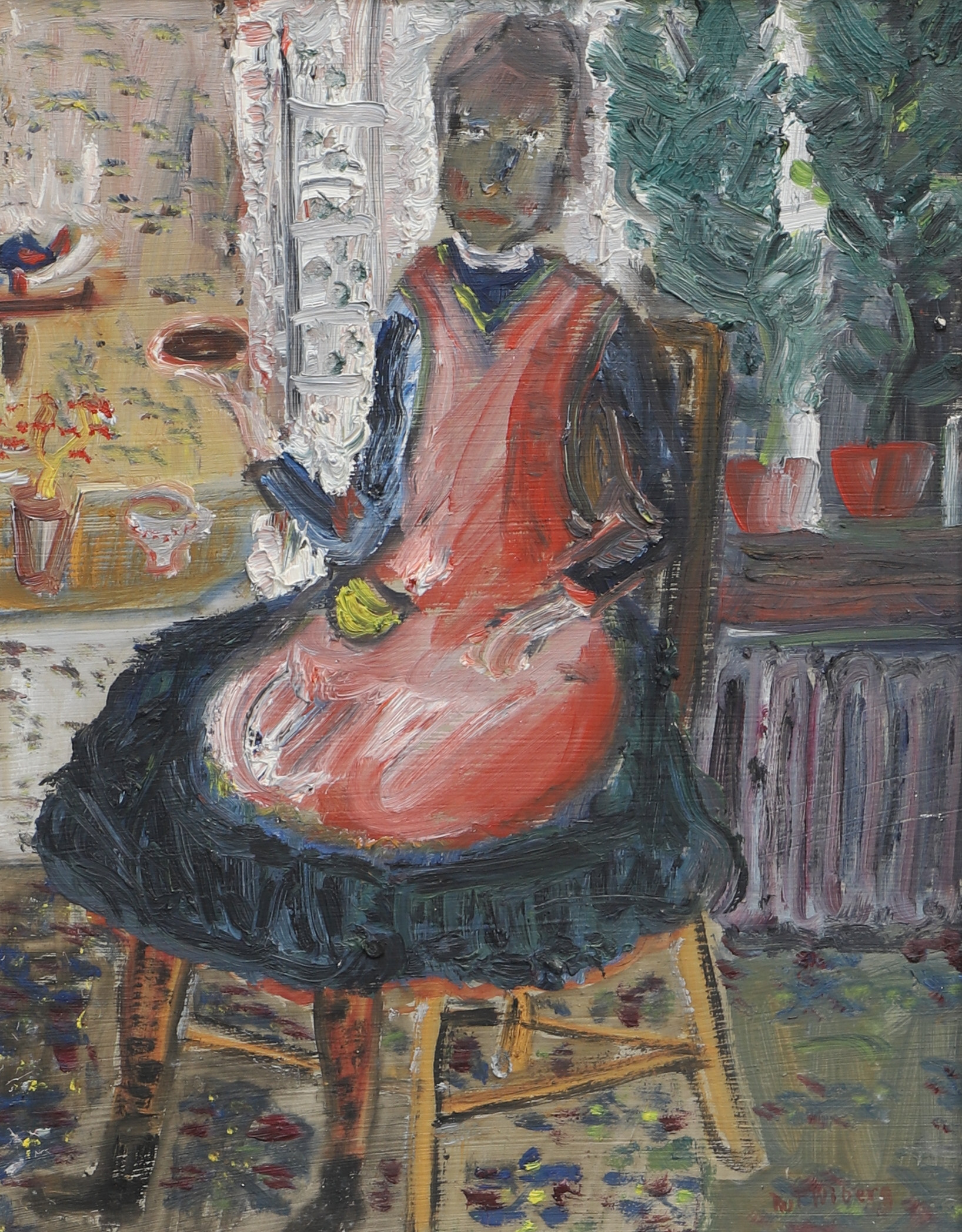 RUTH WIBERG. Olja på pannå, interiör med kvinna, signerad.