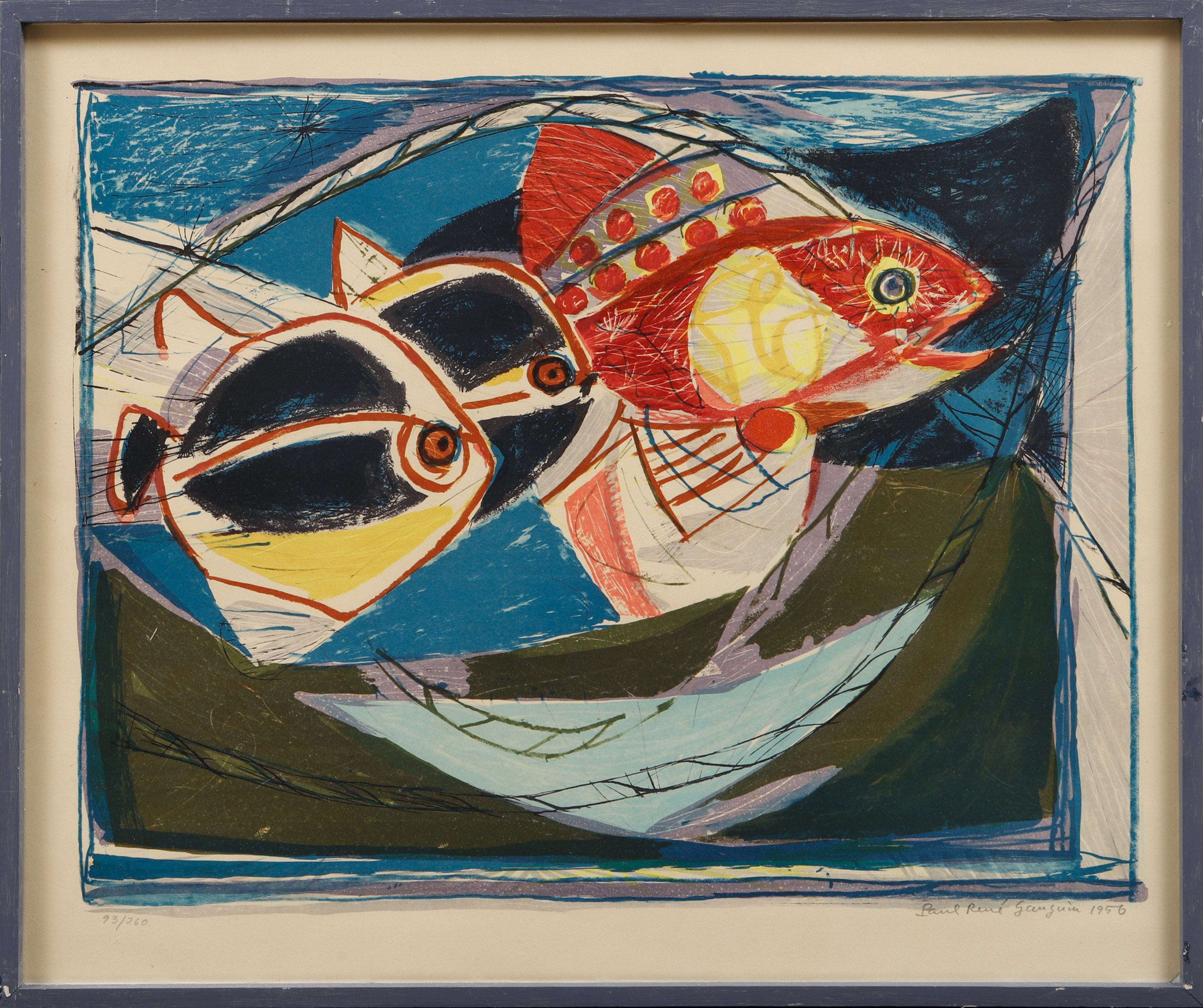 PAUL RENE GAUGUIN. Komposition med fiskar, färglitografi, signerad och numrerad 93/260.