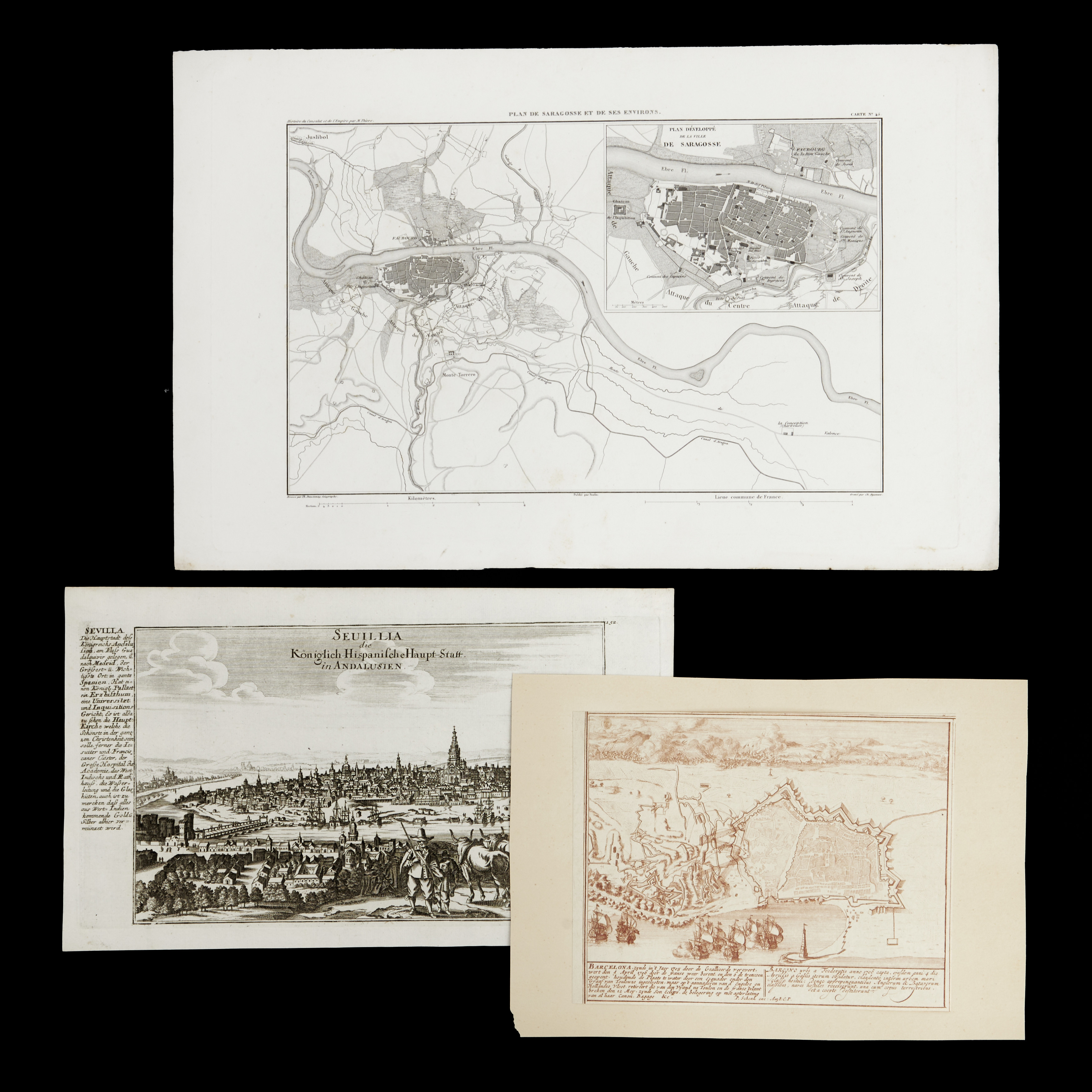 STADSVY/STADSKARTOR (3); Barcelona 1709, Sevilla 1720, och Zaragoza 1845-60.