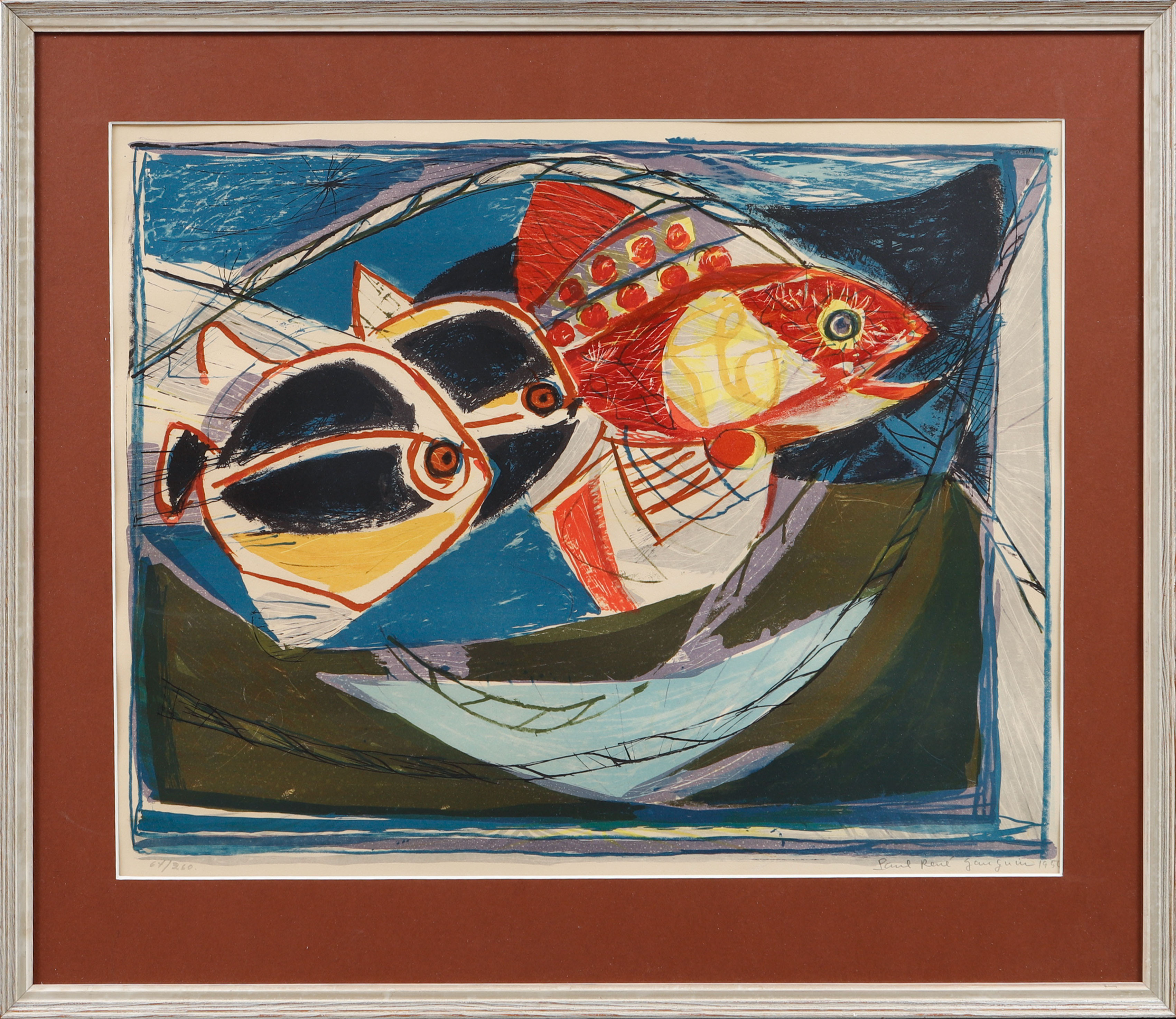 PAUL RENE GAUGUIN. Komposition med fiskar, färglitografi, signerad och numrerad 67/260.