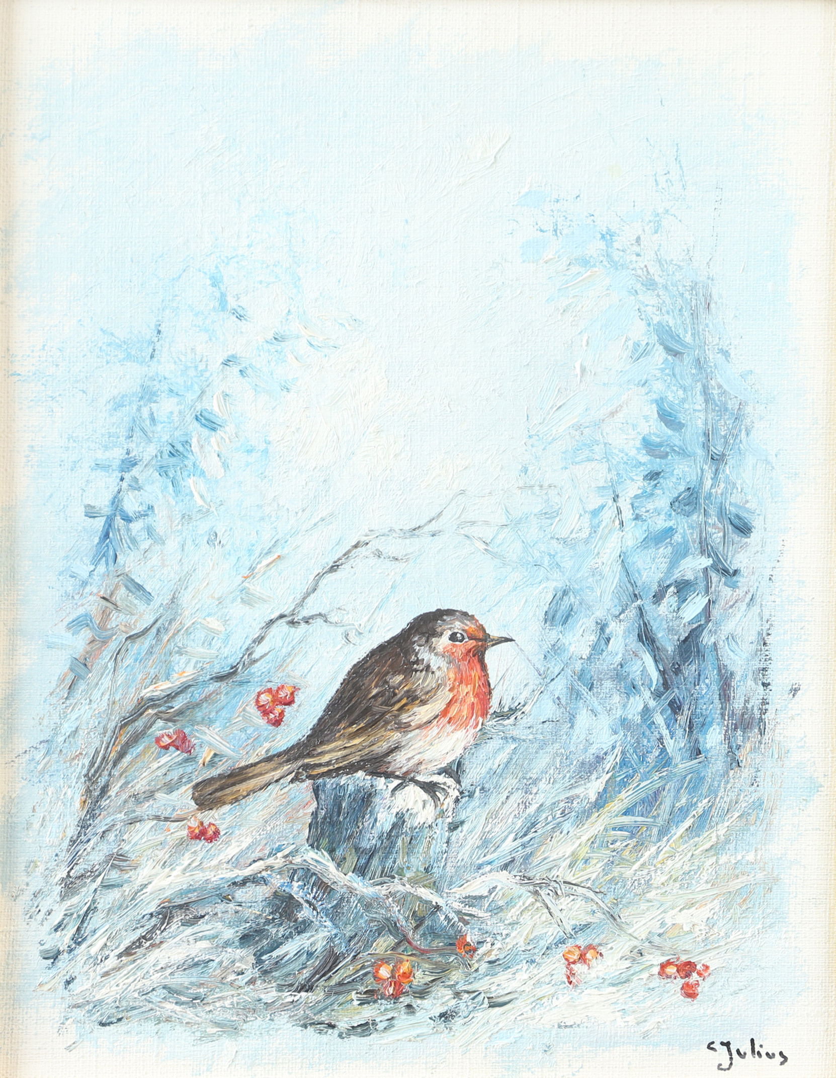 CARL JULIUS. Fågel i vinterlandskap, olja på duk, signerad C. Julius.