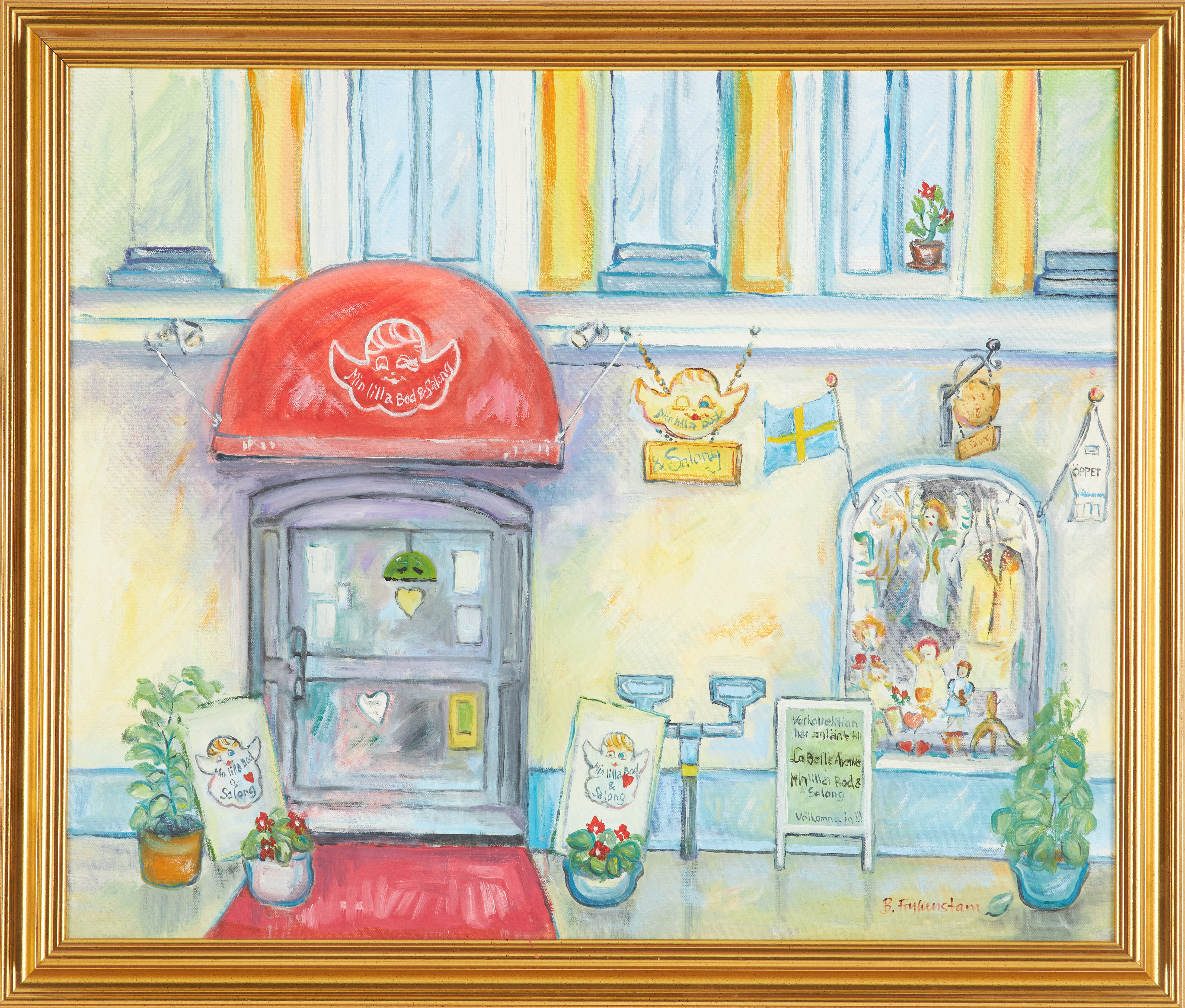 BÖRJE FRYKENSTAM (1936-2021). Föreställande Christina's Bod & Salong, Gamla Stan, Stockholm, olja på duk, signerad.