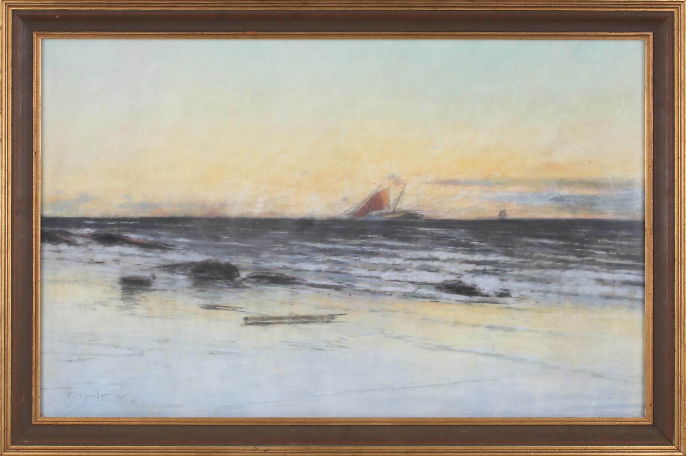 CARL BRANDT. Havsmotiv med segelbåt, pastell, signerad.