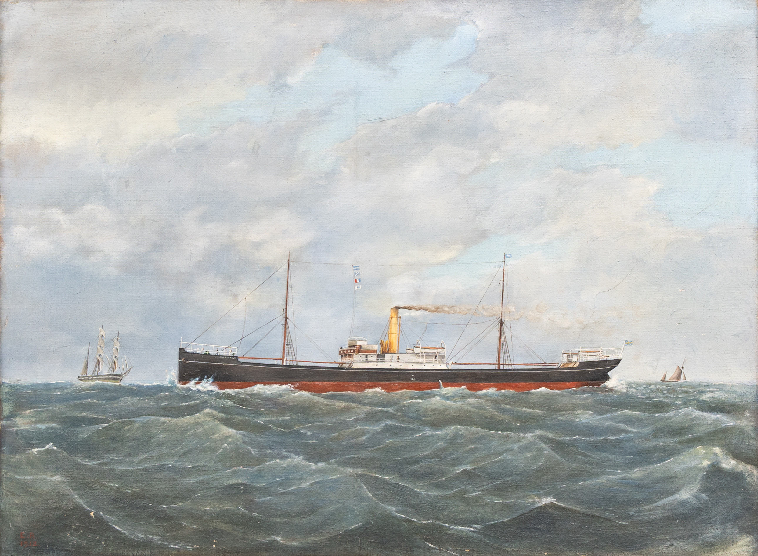 OIDENTIFIERAD KONSTNÄR. S/S Magdala, olja på duk, signerad E R och daterad 1912.