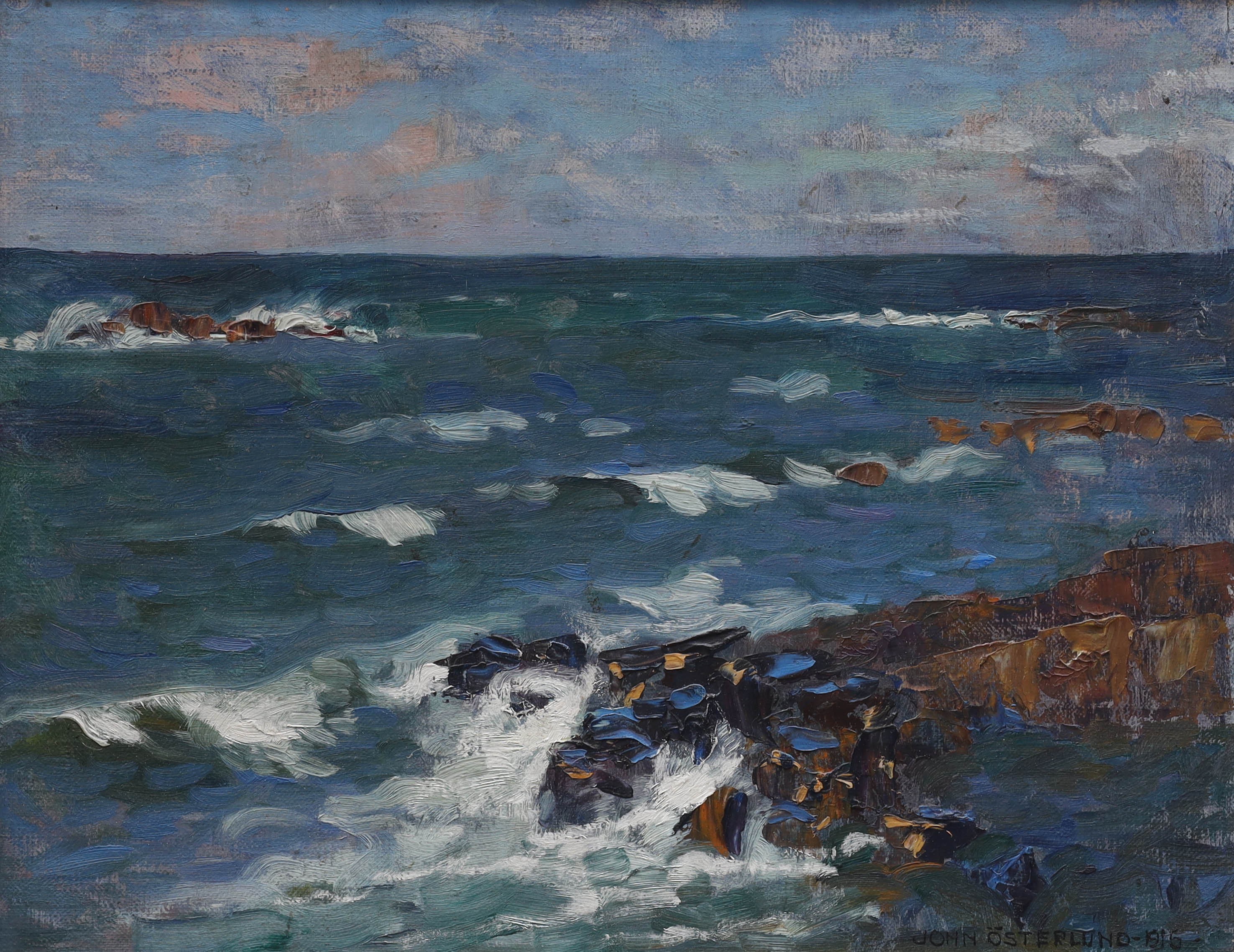 JOHN ÖSTERLUND. (1875-1953). olja på pannå, havet vid Mollösund, signerad, daterad 1916.