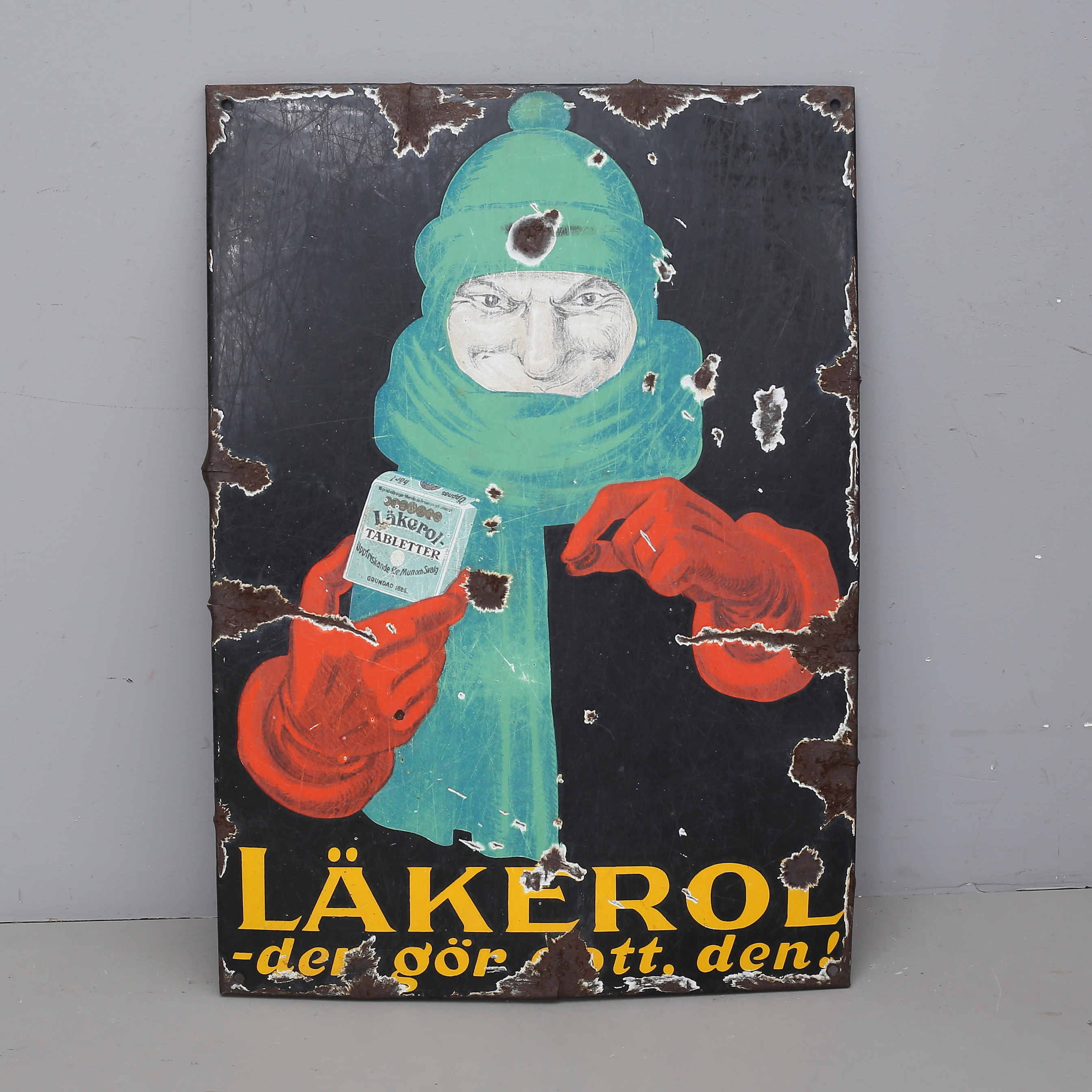 REKLAMSKYLT, Läkerol, emaljerad plåt, 1900-talets första hälft.