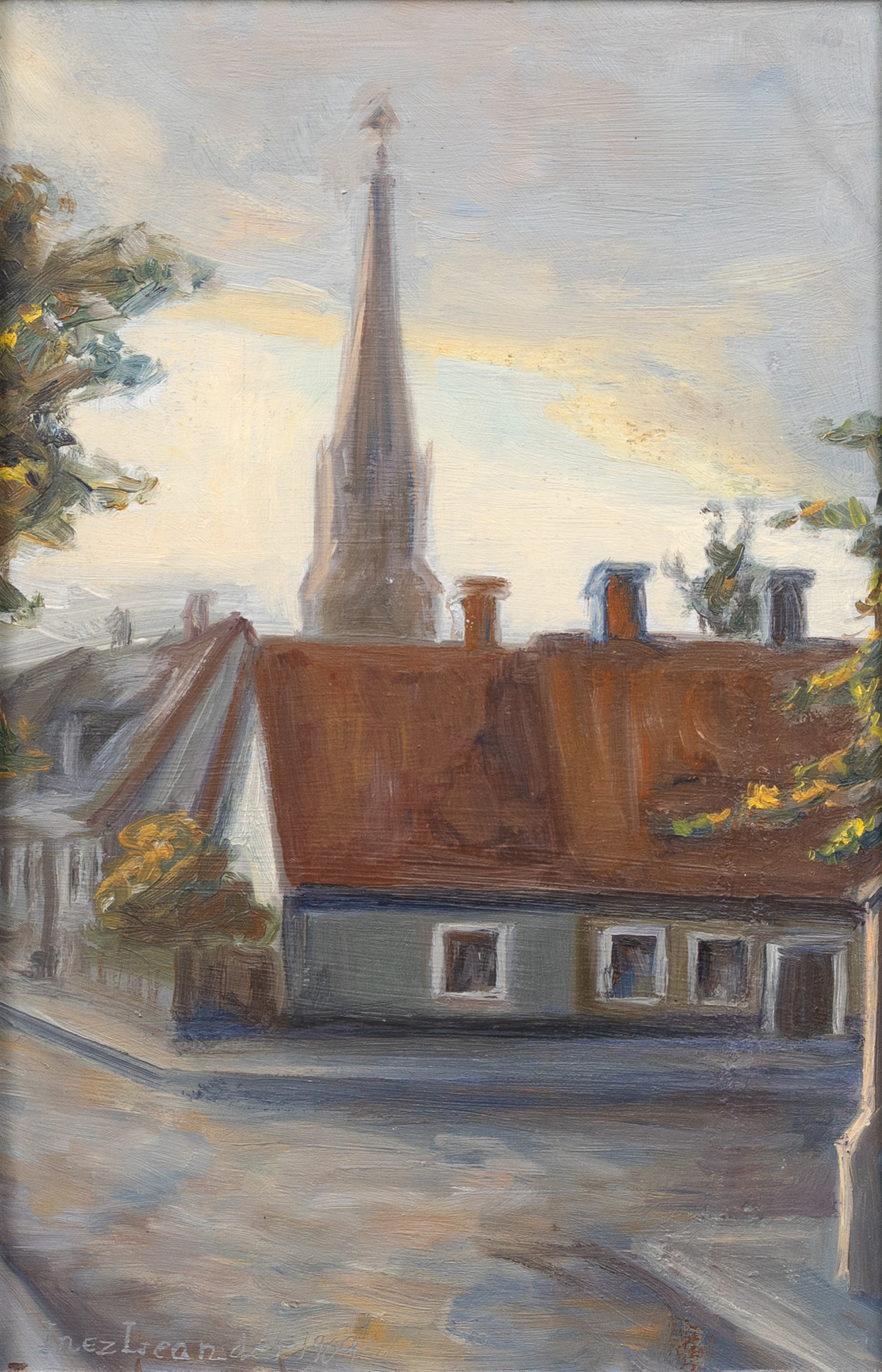INEZ LEANDER (1878-1969). Stadsmotiv, Lundm olja på pannå, signerad och daterad 1909.