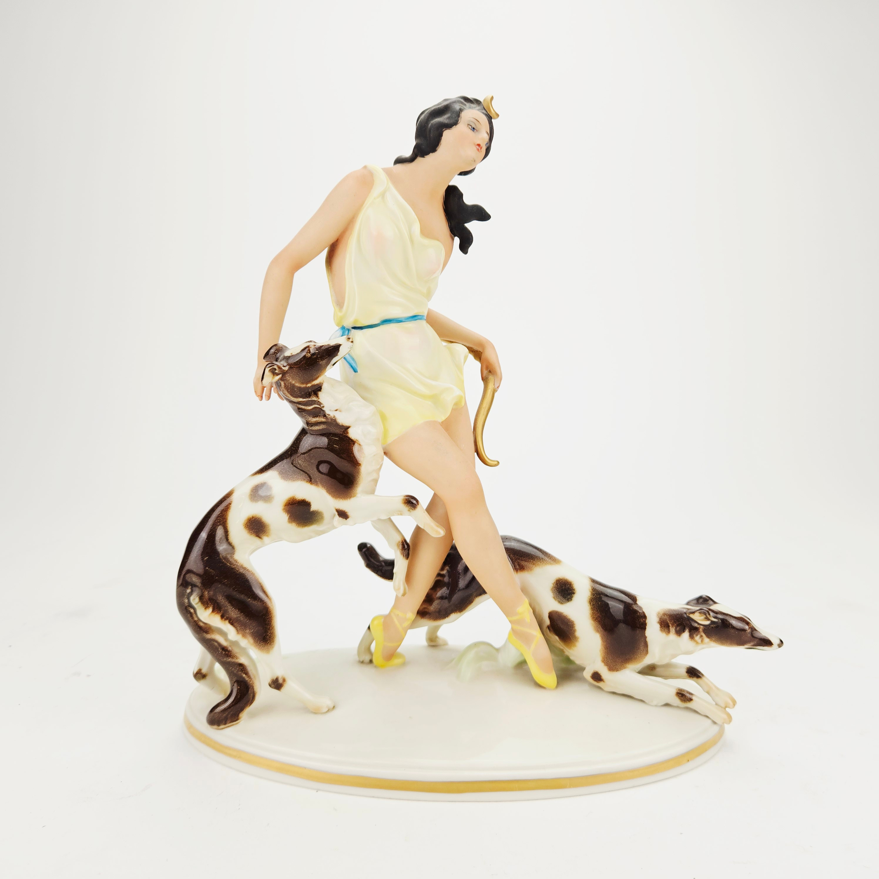 FIGURIN, porslin, kvinna med Borzoi, Volkstedt, Tyskland.