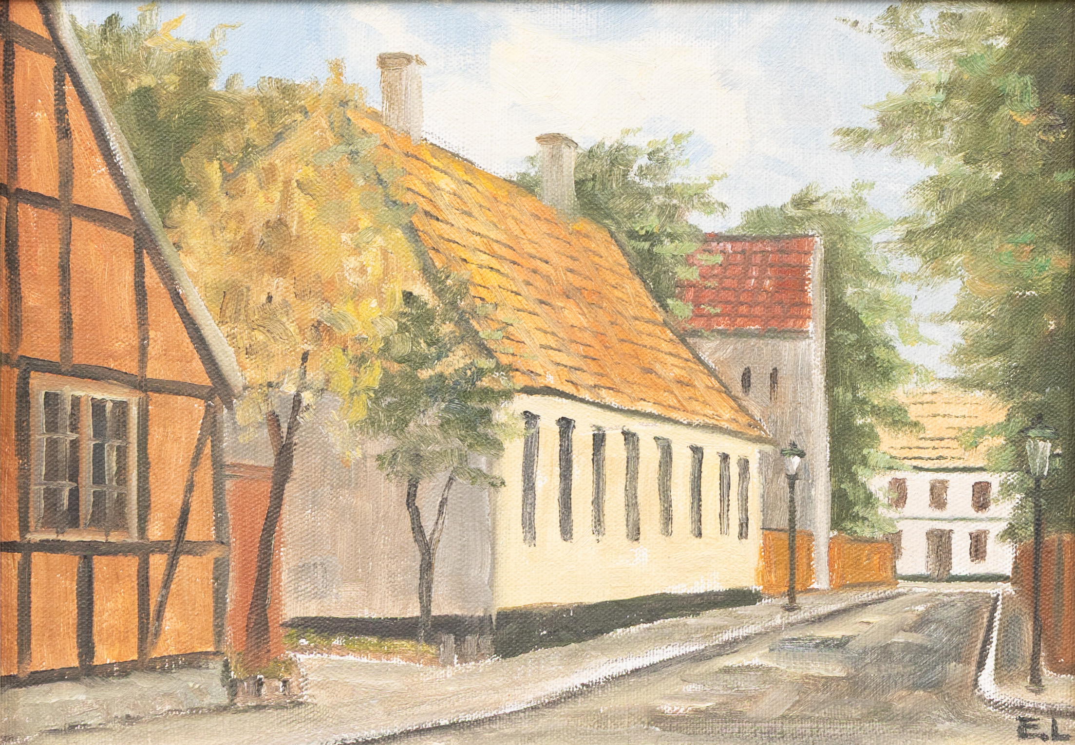 ERIK "LEDDE" LUNDBERG (1926-1992). Adelgatan, Lund, olja på pannå, signerad.