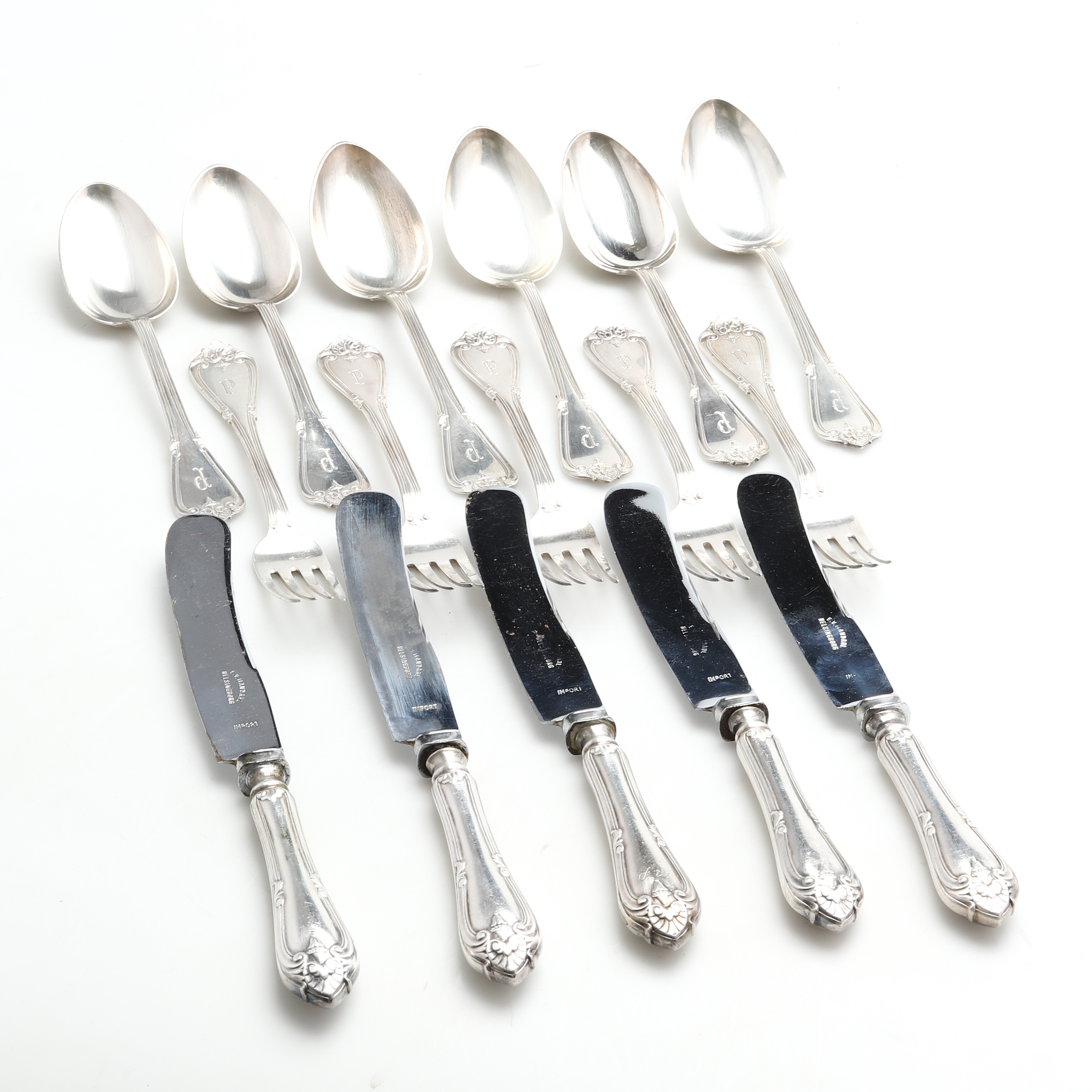 BESTICKSERVIS. silver, 15 delar, Modell "Greque" GAB, Stockholm, 1910-tal. Vikt ca 675 gram exkl. knivar med stålblad.