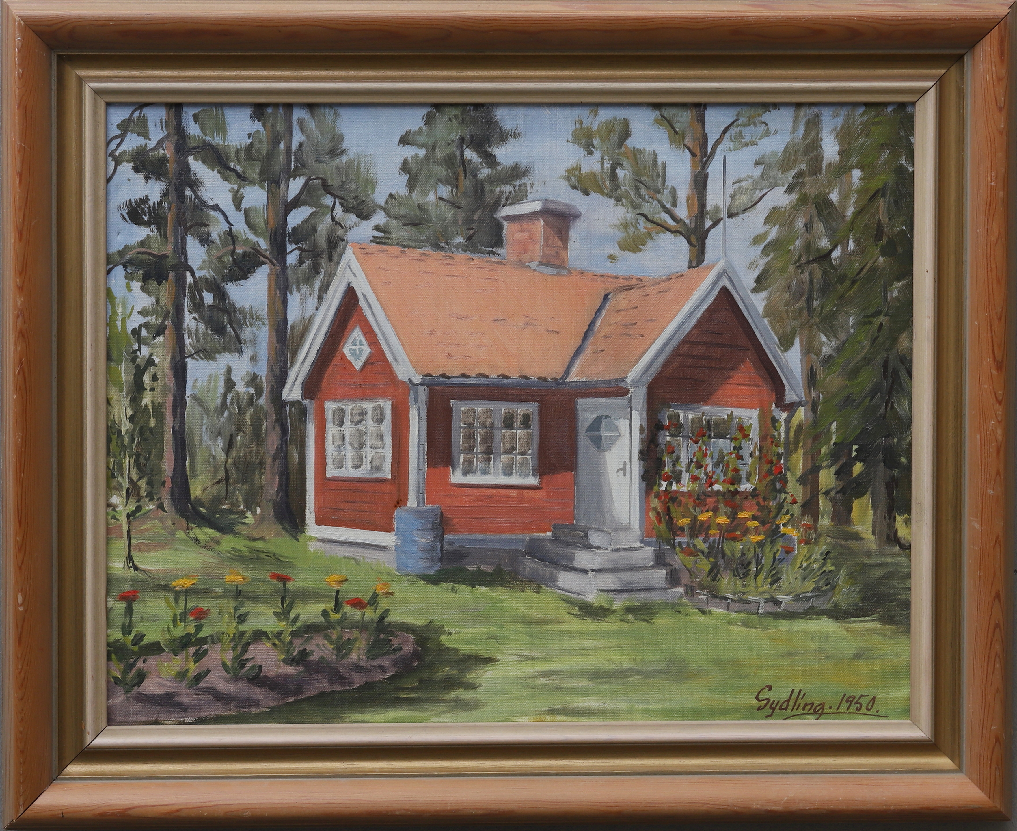OIDENTIFIERAD KONSTNÄR, Olja på duk, hus i skogen, signerad Sydling, daterad 1950.