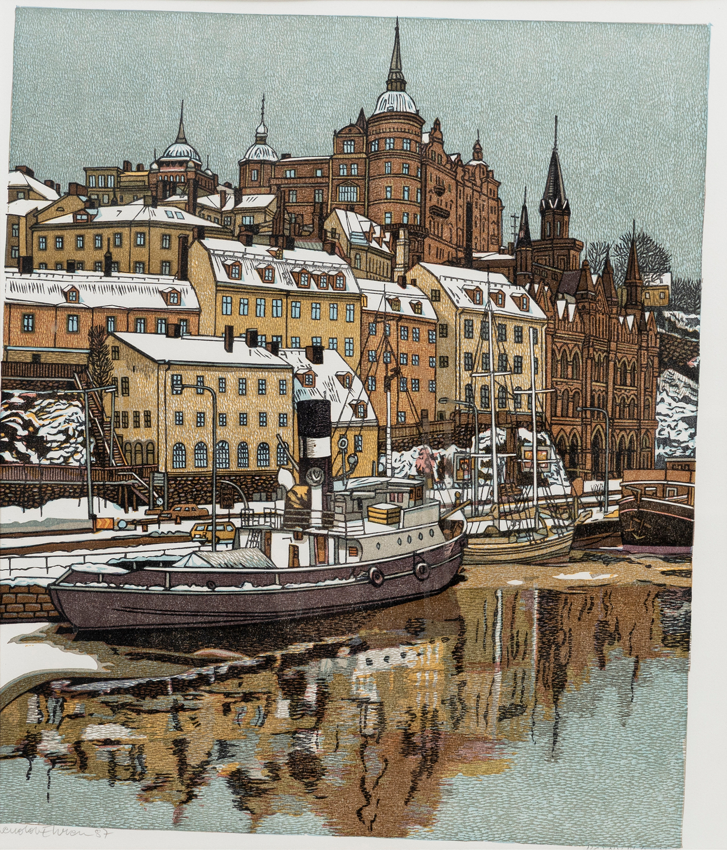 SVENOLOV EHRÉN. Mariaberget sett från Slussen, Södermalm, Stockholm, färglitografi, signerad, numrerad HC XXXIV/XXXV.