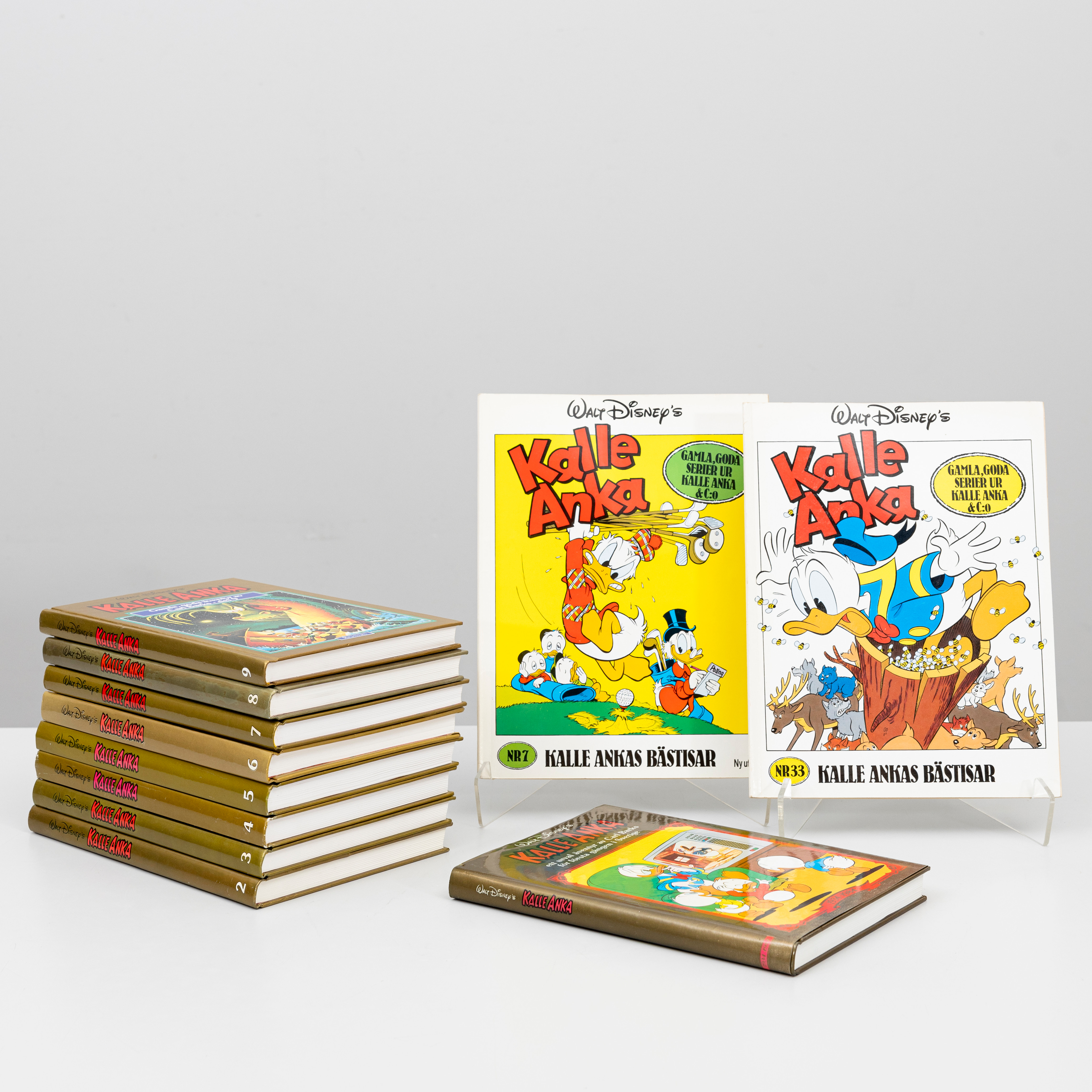 KALLE ANKA ,10 st, äventyr av Carl Barks, nr 2 - 9, Richters Förlag, Malmö samt samlingsutgåva 1934-1984.