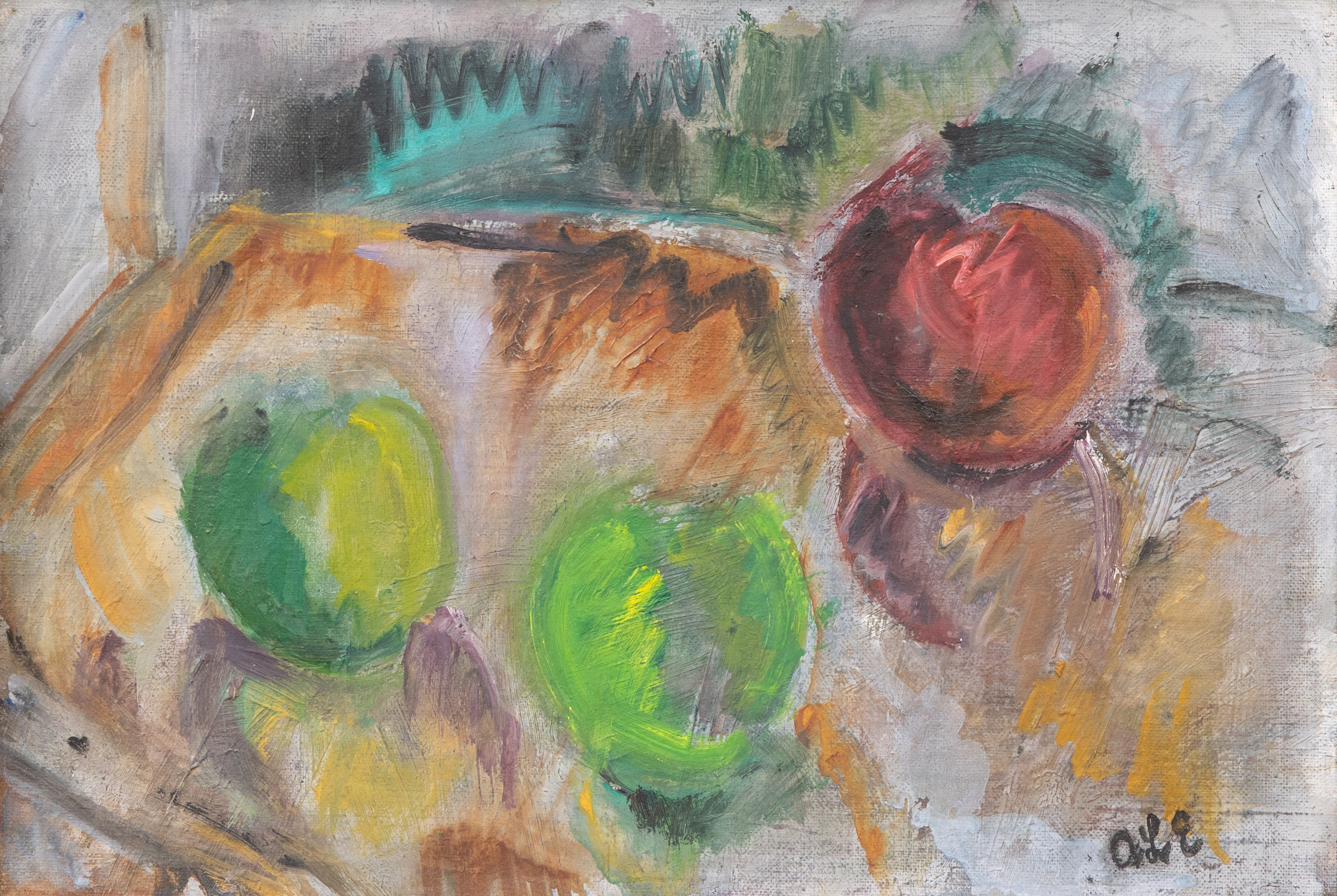 ANNA-LISA ERICSSON (1913-2011). "Äpplen", olja på pannå, signerad.