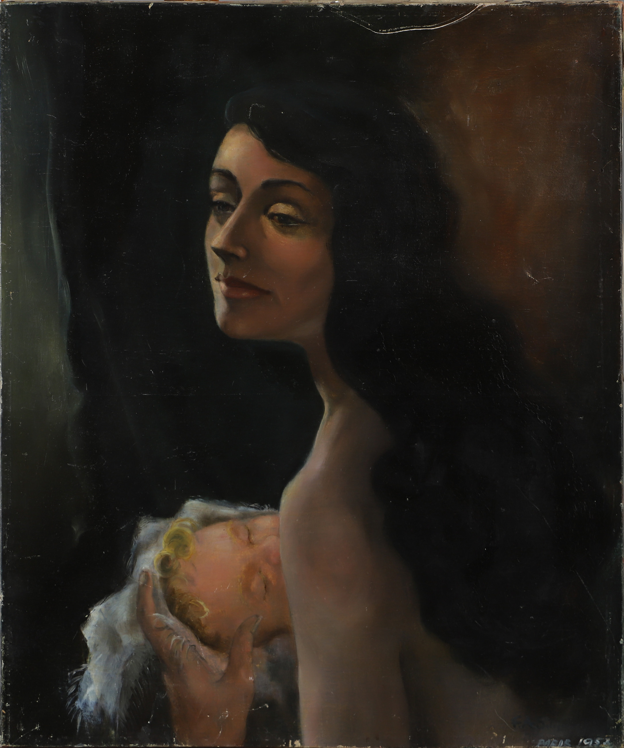 OIDENTIFIERAD KONSTNÄR. "Mother's love", olja på duk, otydligt signerad 1953.