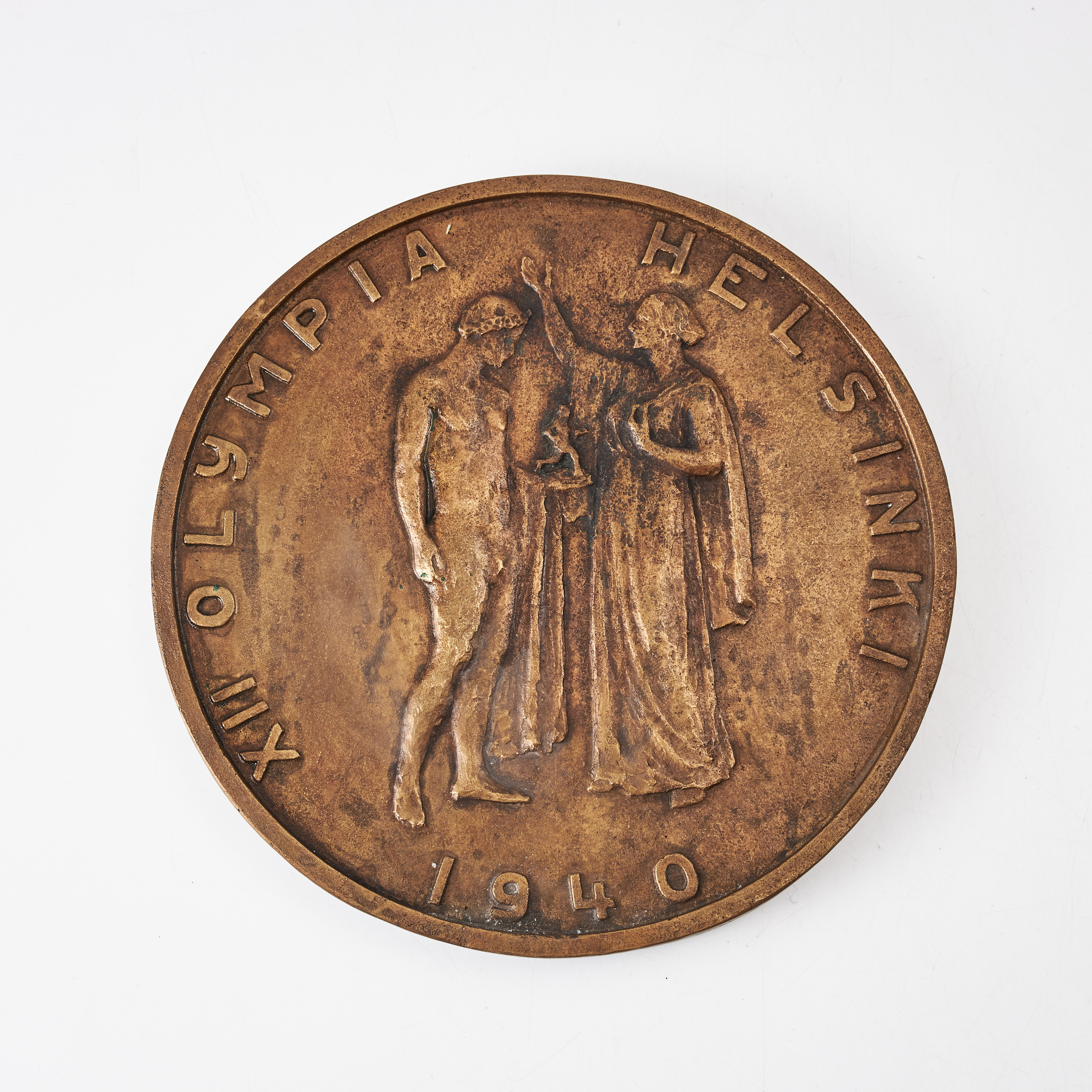 EEMIL HALONEN (1875-1950). Bronsrelief, OS-medaljförslag, text XII OLYMPIA HELSINKI 1940, inskriptioner i kanten "E. Halosen ehdotus v. 1940 olympiamitaliksi" (E. Halonens förslag till OS-medaljen 1940).